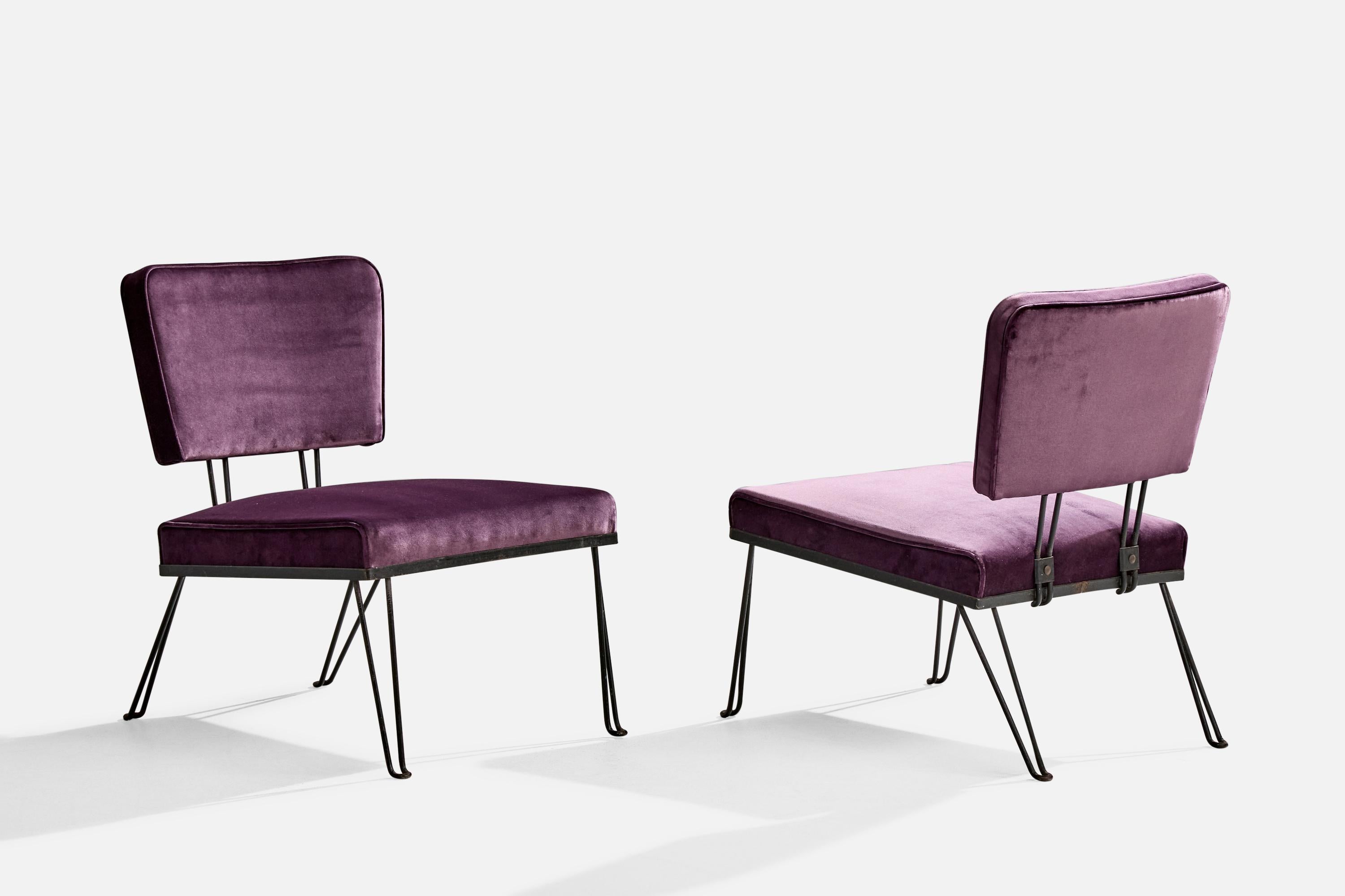 Mid-Century Modern American Designer, Slipper Chairs, Iron, Velvet, USA, 1950s For Sale