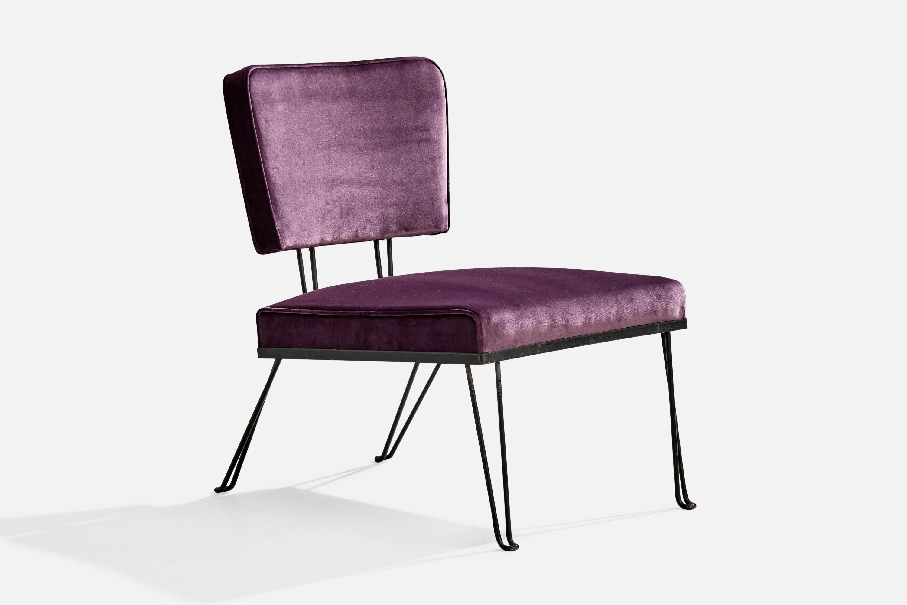 Mid-20th Century American Designer, Slipper Chairs, Iron, Velvet, USA, 1950s For Sale