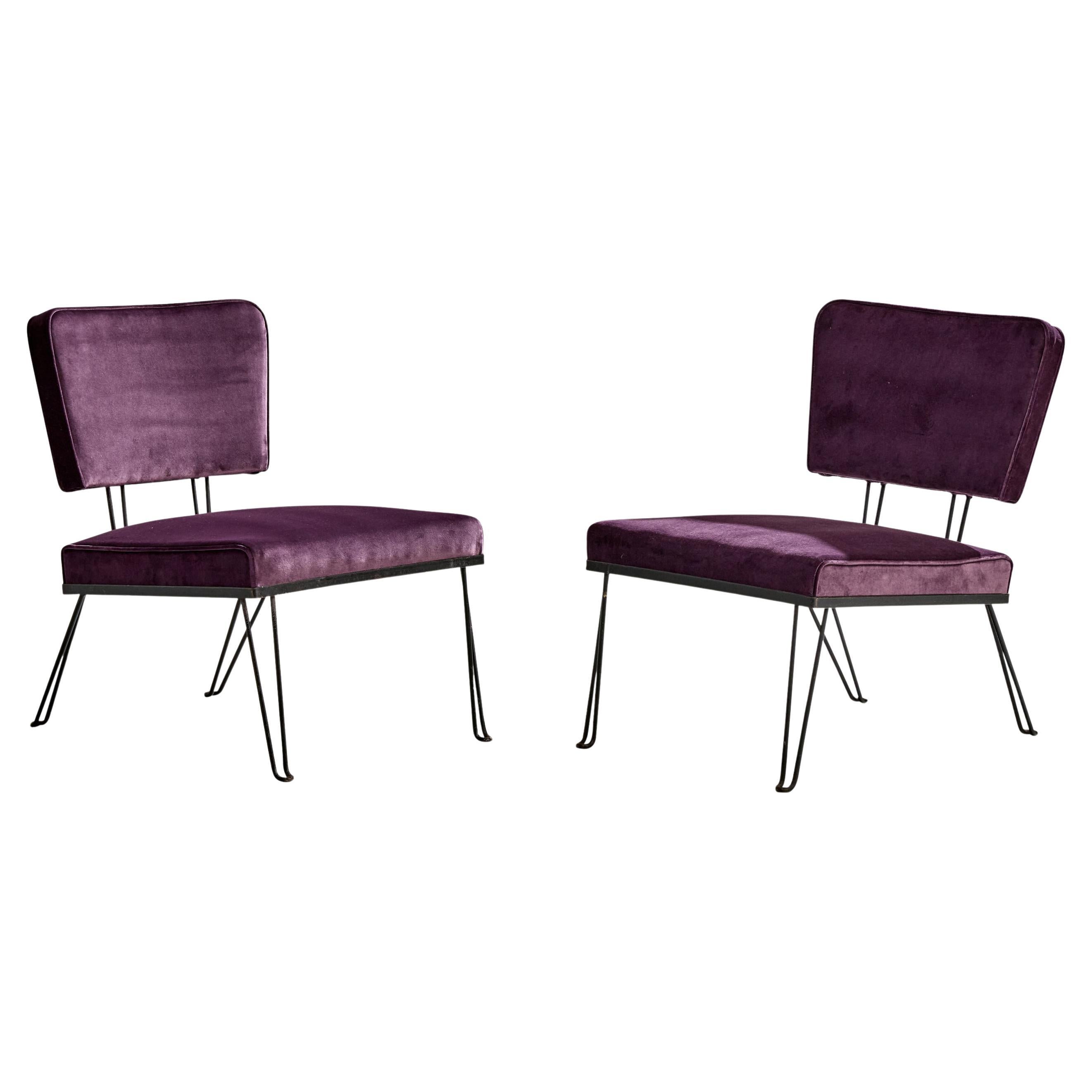 American Designer, Slipper Chairs, Iron, Velvet, USA, 1950s