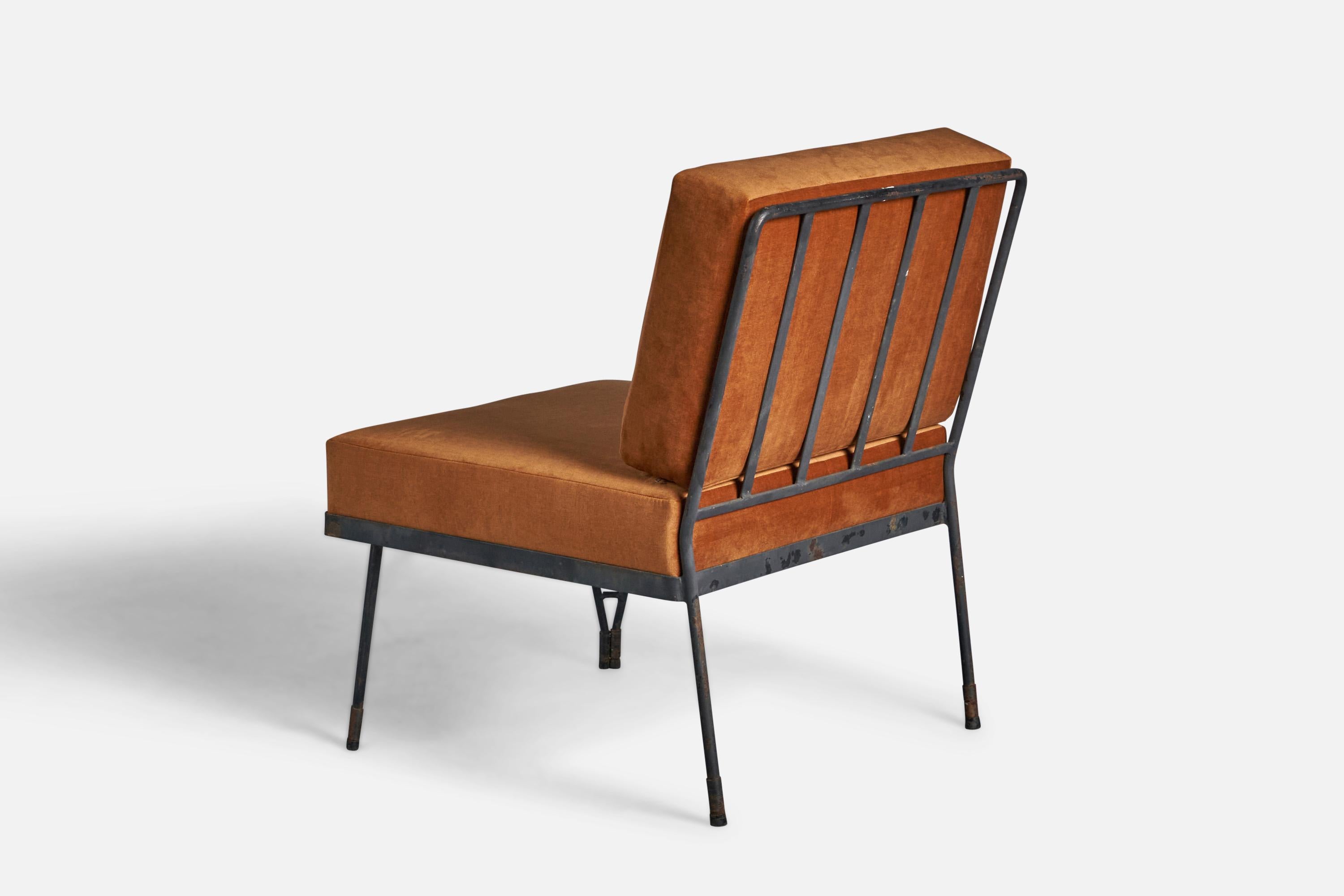 Mid-20th Century American Designer, Slipper Chairs, Metal, Velvet, Brass, USA, 1950s For Sale