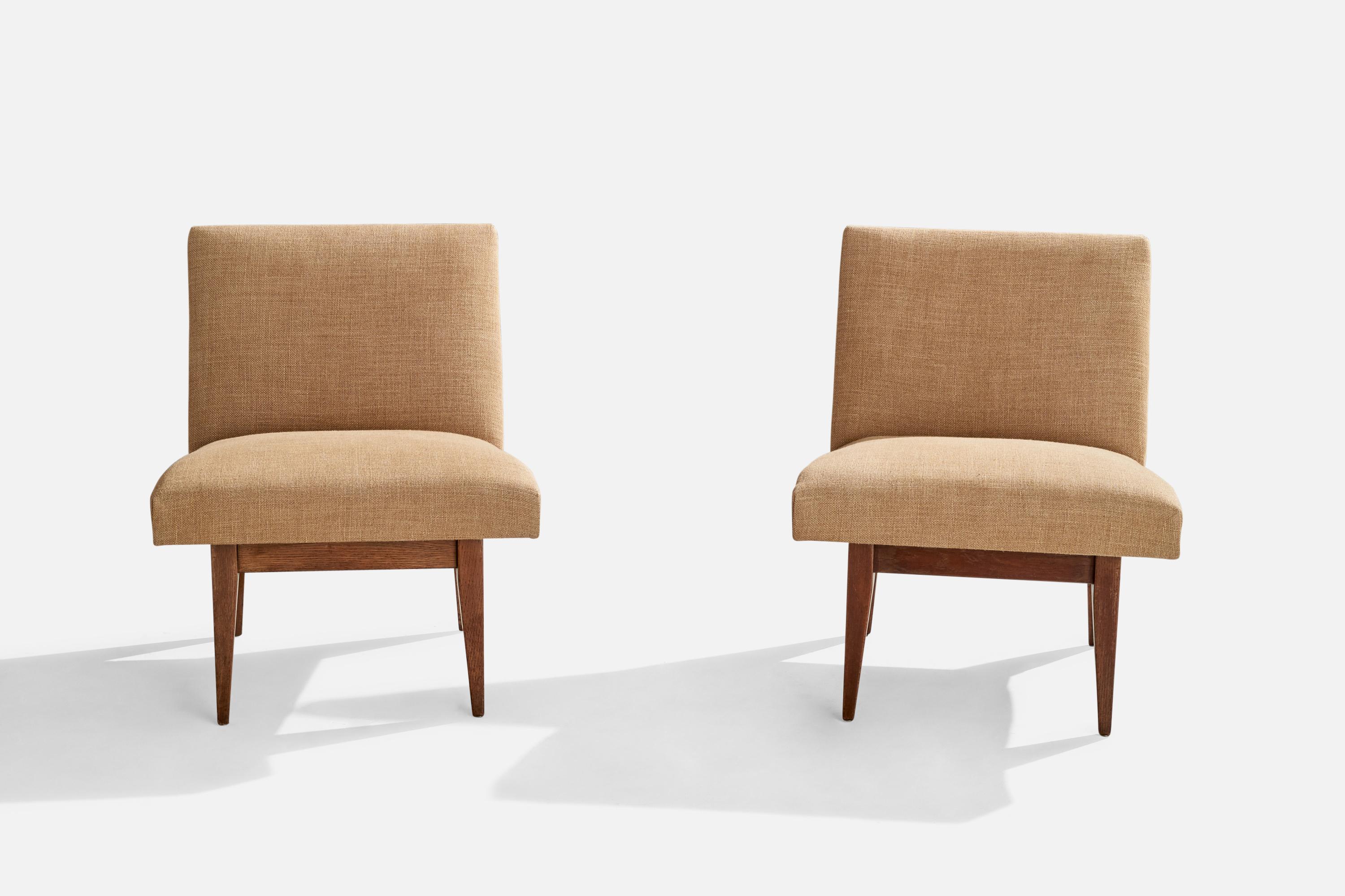 Mid-Century Modern American Designer, Slipper Chairs, Oak, Fabric, USA, 1950s For Sale