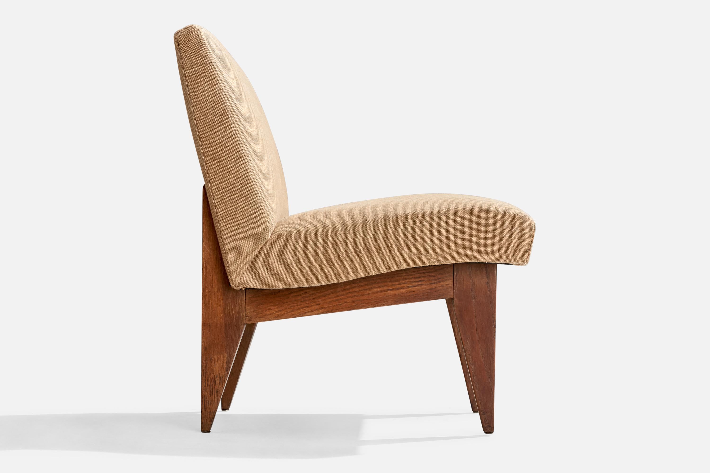 Mid-20th Century American Designer, Slipper Chairs, Oak, Fabric, USA, 1950s For Sale