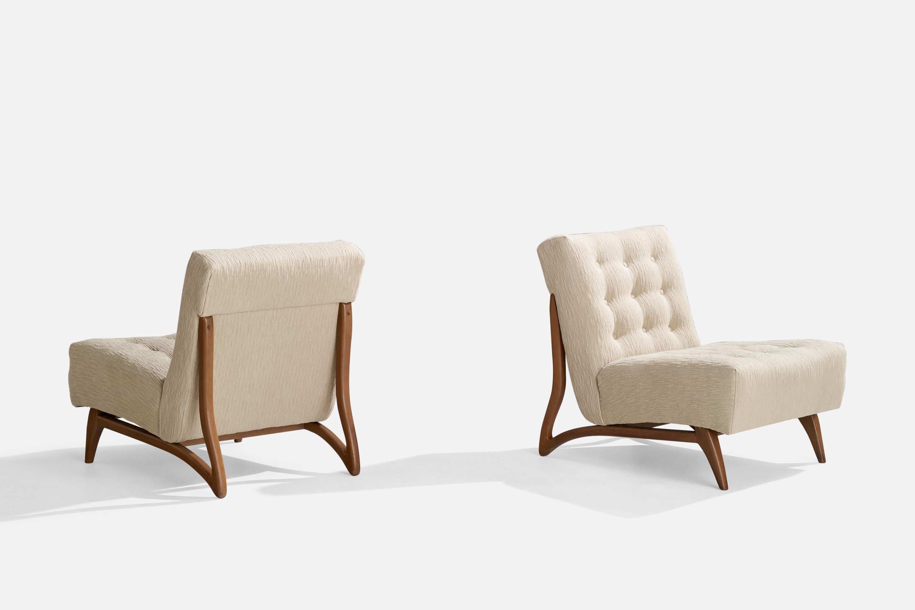 Mid-Century Modern American Designer, Slipper Chairs, Walnut, Fabric, USA, 1950s For Sale