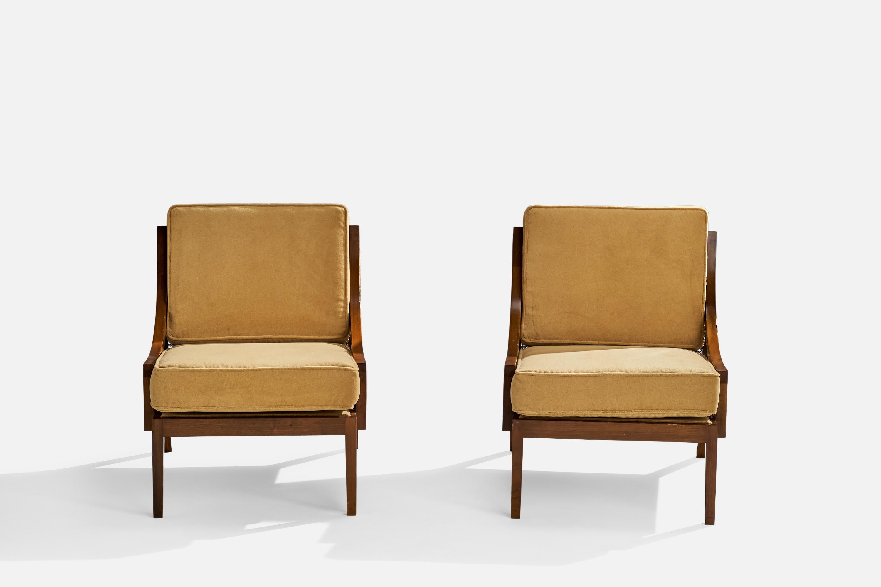 Mid-20th Century American Designer, Slipper Chairs, Walnut, Velvet, Rattan, USA, 1950s For Sale