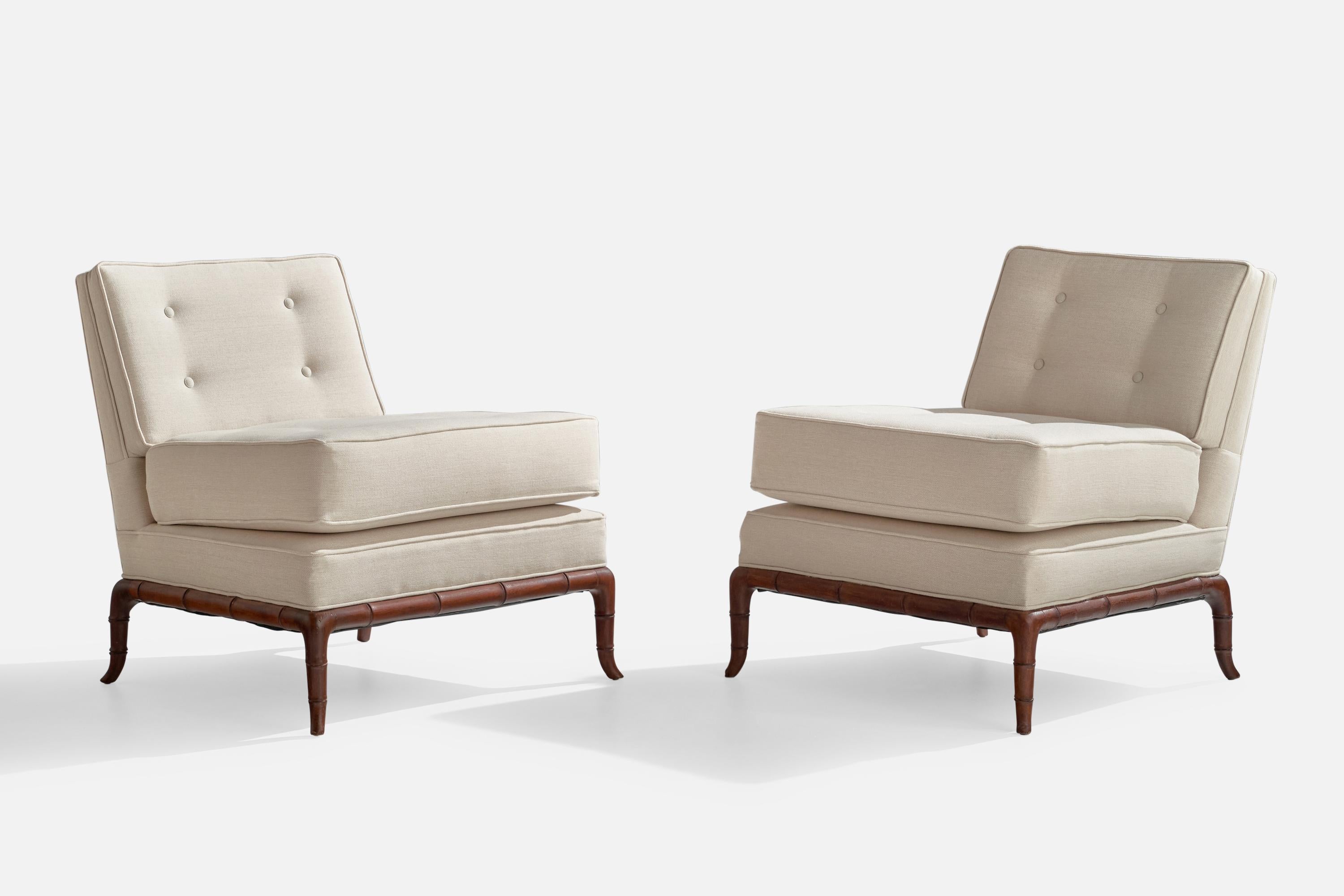 A pair of white fabric slipper chairs designed and produced in the US, c. 1940s.

Seat height: 19.4”
