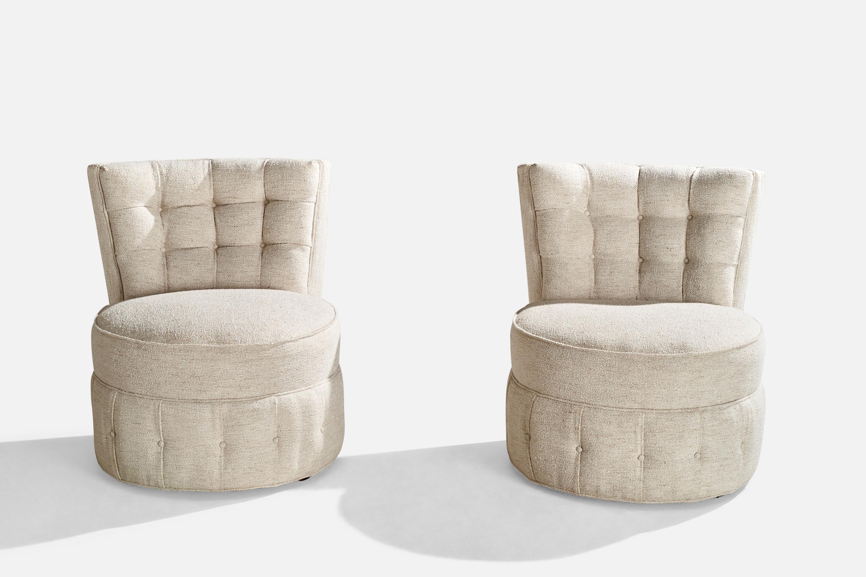 Hollywood Regency American Designer, Slipper Chairs, Wood, Fabric, USA, 1940s For Sale