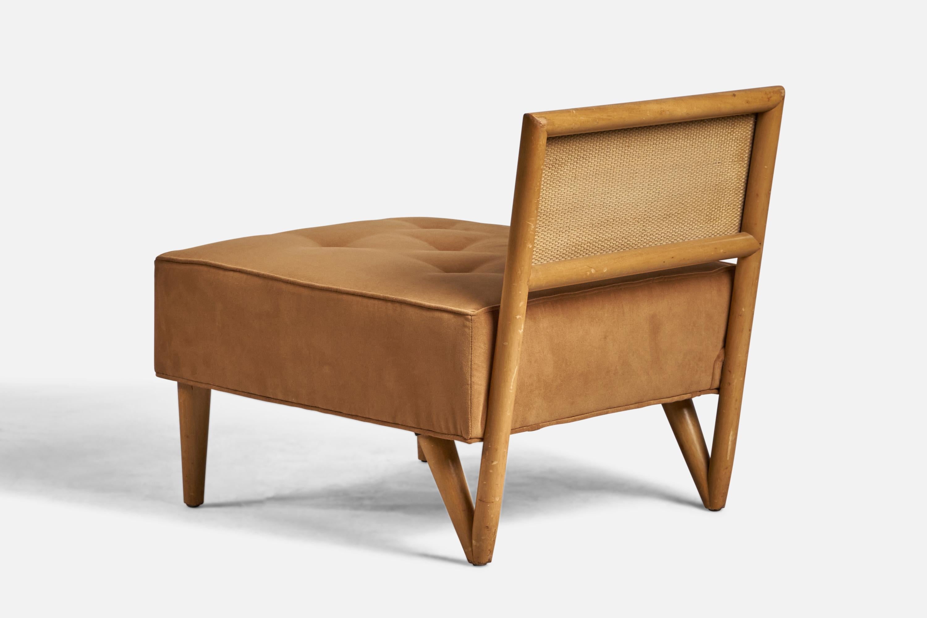 Mid-Century Modern American Designer, Slipper Chairs, Wood, Rattan, Fabric, USA, 1940s For Sale