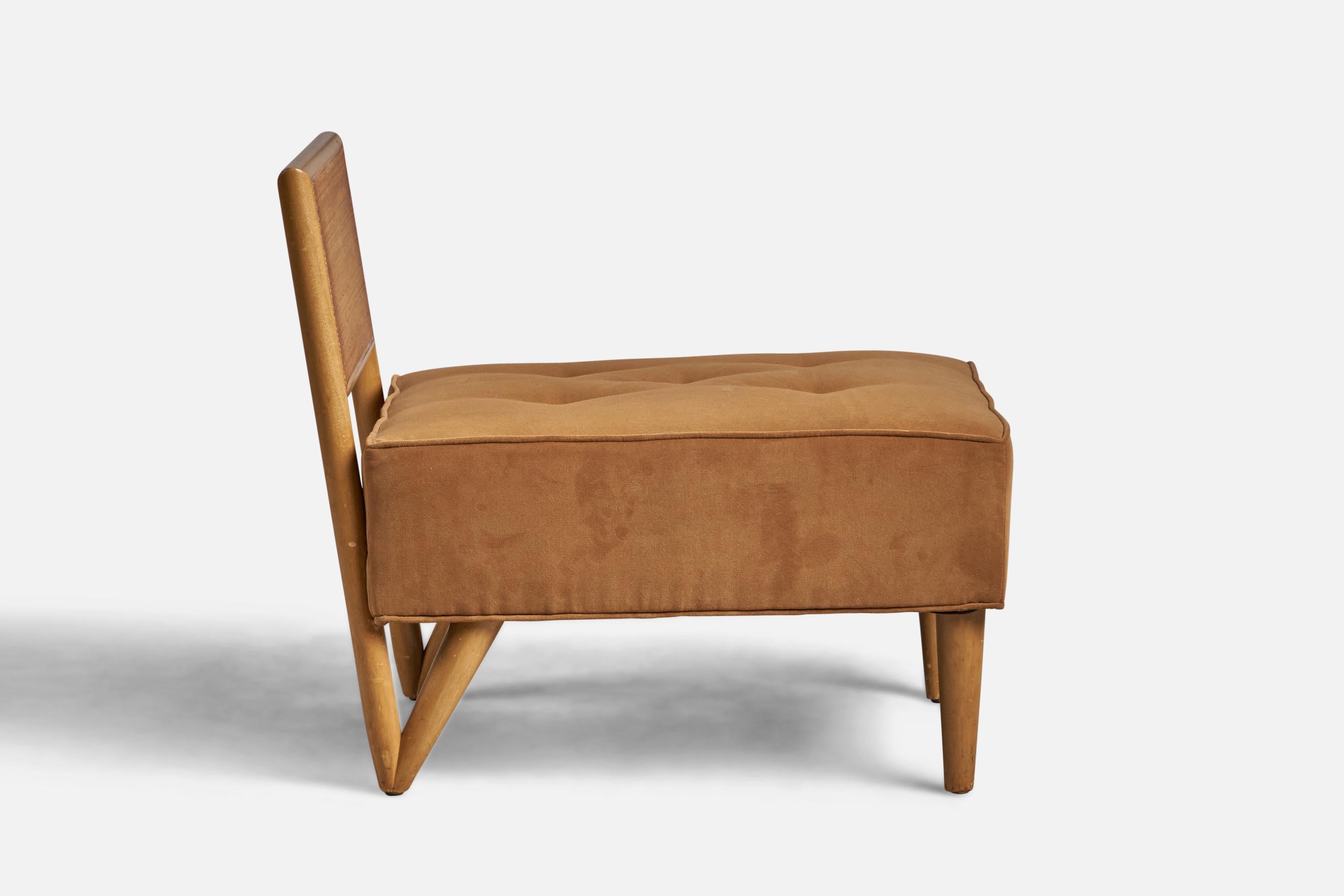 Amerikanische Designerin, Sessel ohne Armlehne, Holz, Rattan, Stoff, USA, 1940er Jahre (amerikanisch) im Angebot