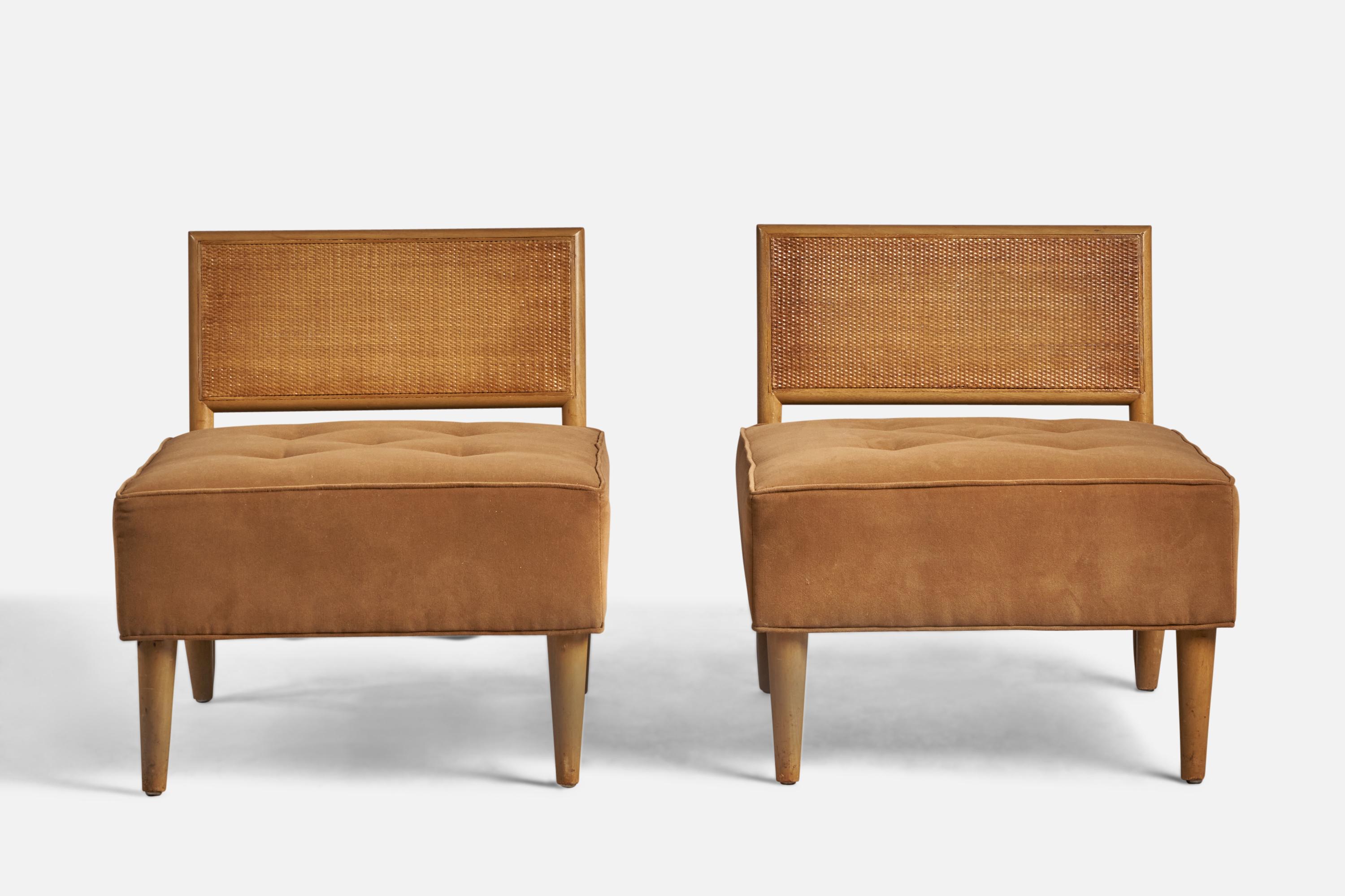 Mid-20th Century American Designer, Slipper Chairs, Wood, Rattan, Fabric, USA, 1940s For Sale