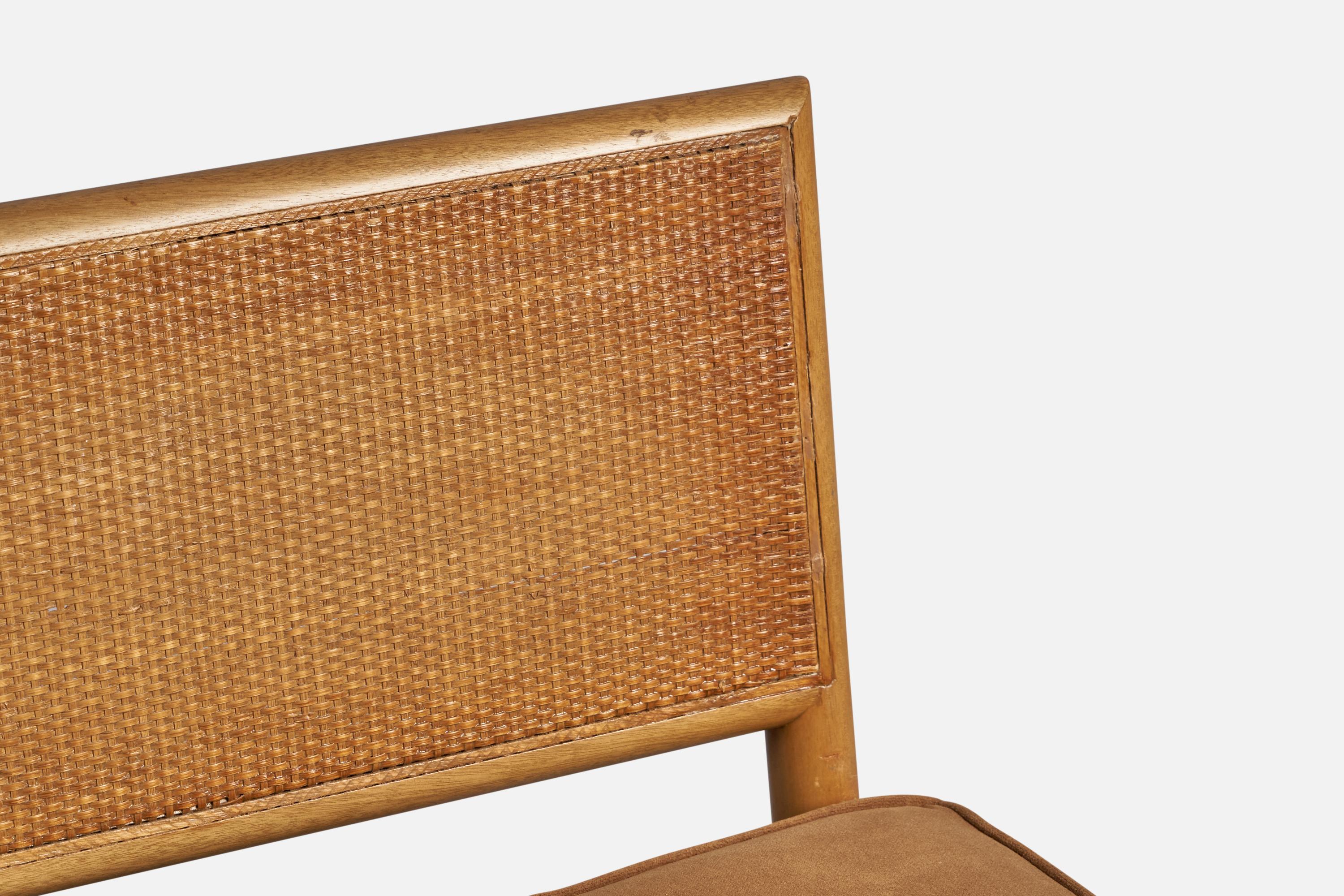 Amerikanische Designerin, Sessel ohne Armlehne, Holz, Rattan, Stoff, USA, 1940er Jahre im Angebot 1