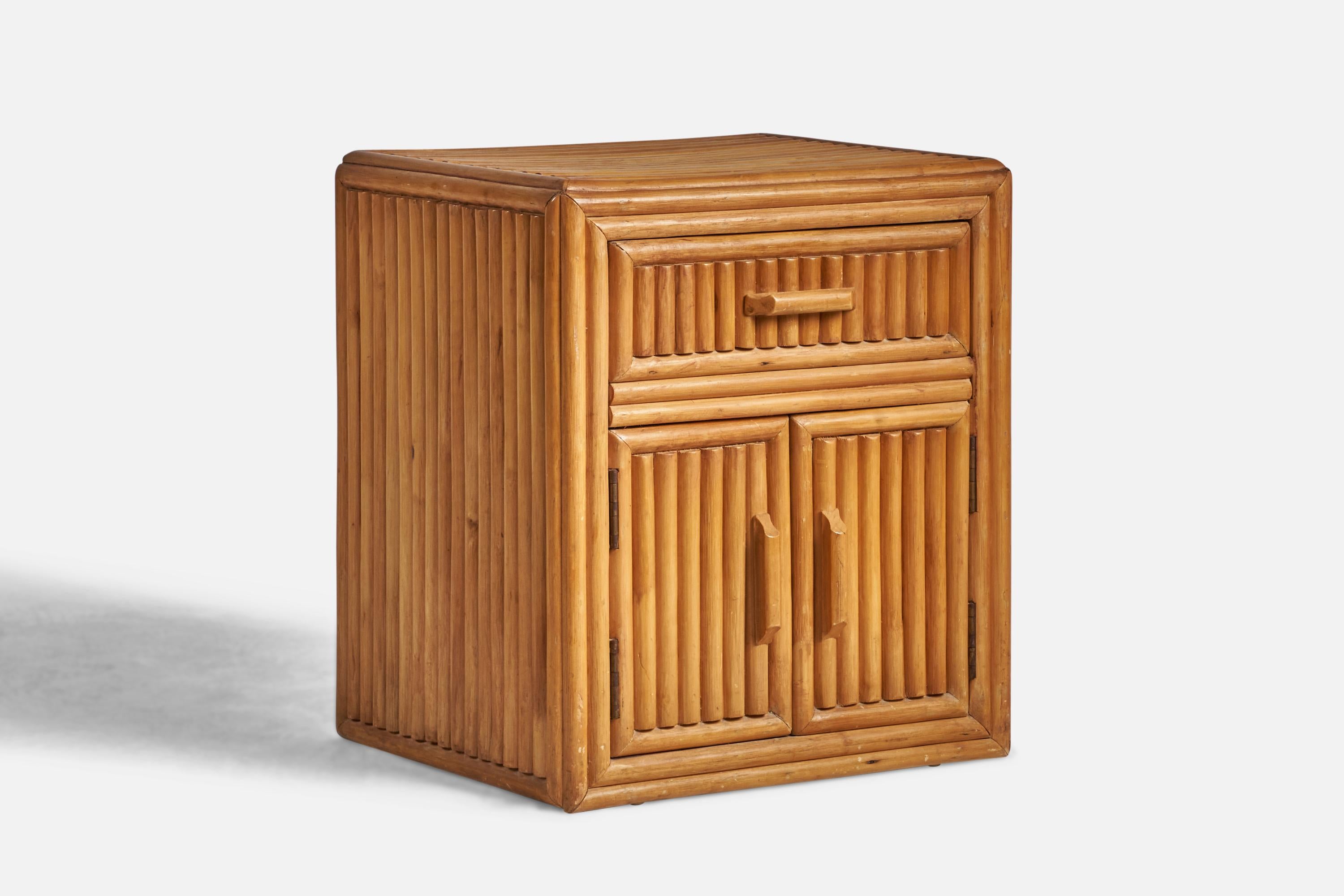 A small bamboo cabinet or nightstand designed and produced in the US, c. 1950s.