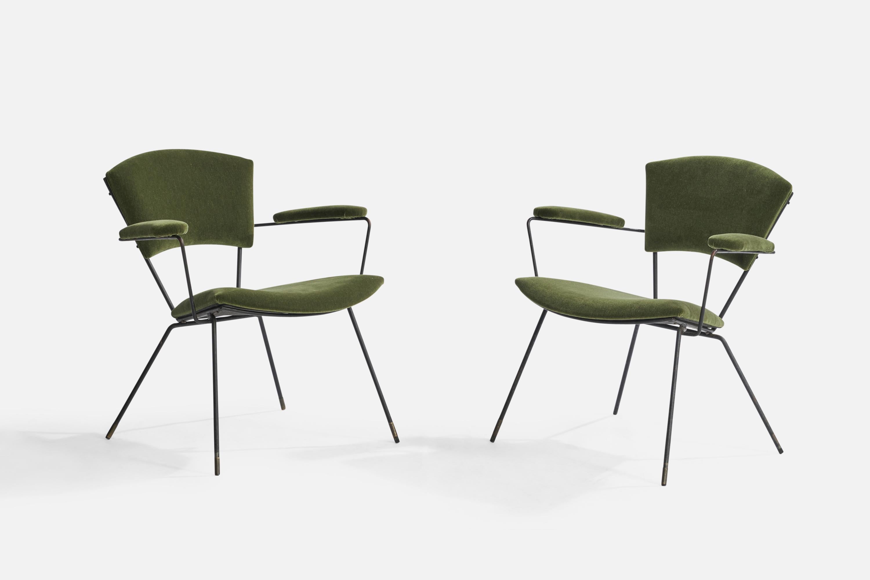 A pair of small black-lacquered iron and green mohair lounge chairs designed and produced in the US, 1950s.

Seat height: 16”

Reupholstered in brand new mohair.