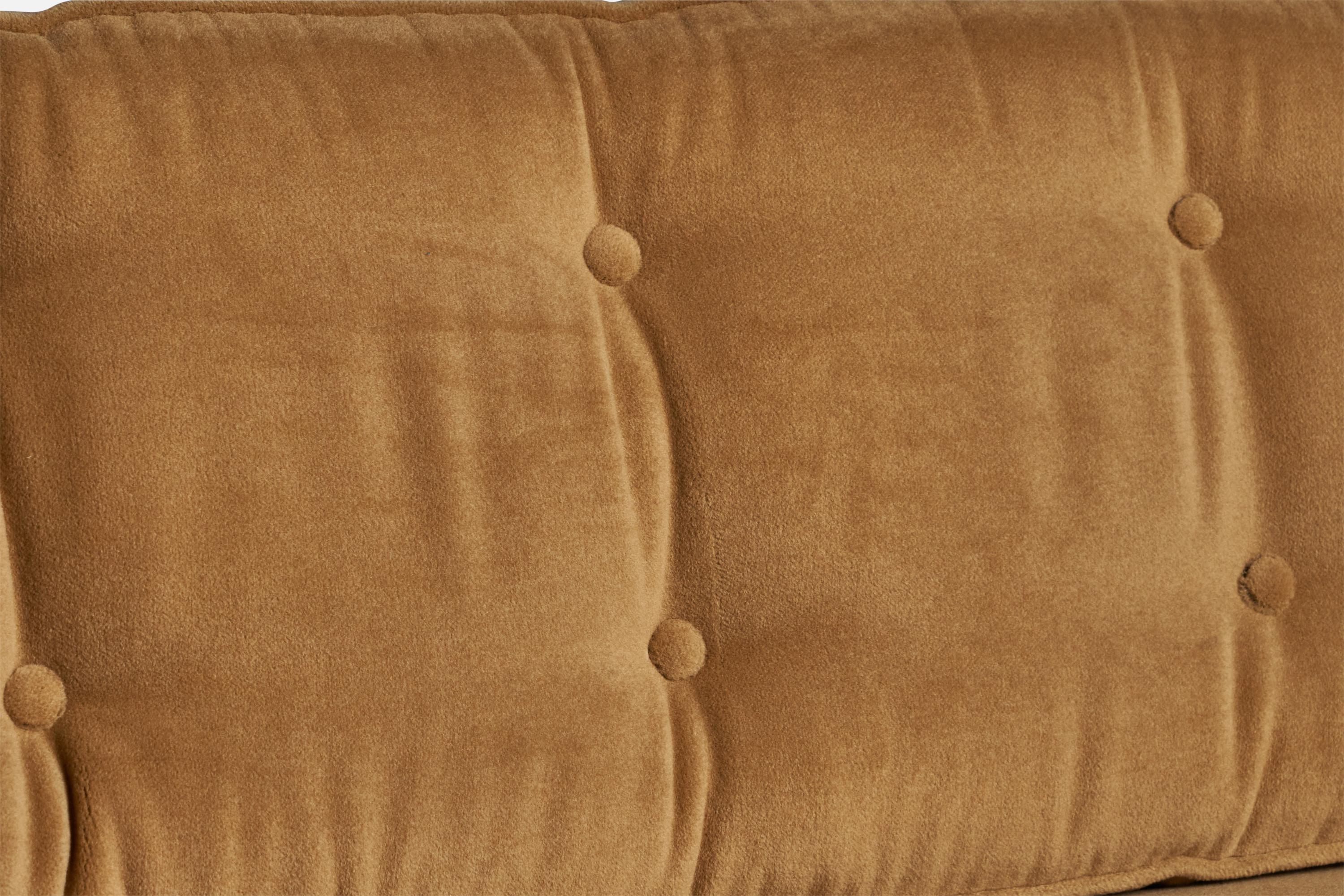 A curved moulded bamboo and beige mohair fabric sofa, designed and produced in the US, 1950s.

17.5”seat height