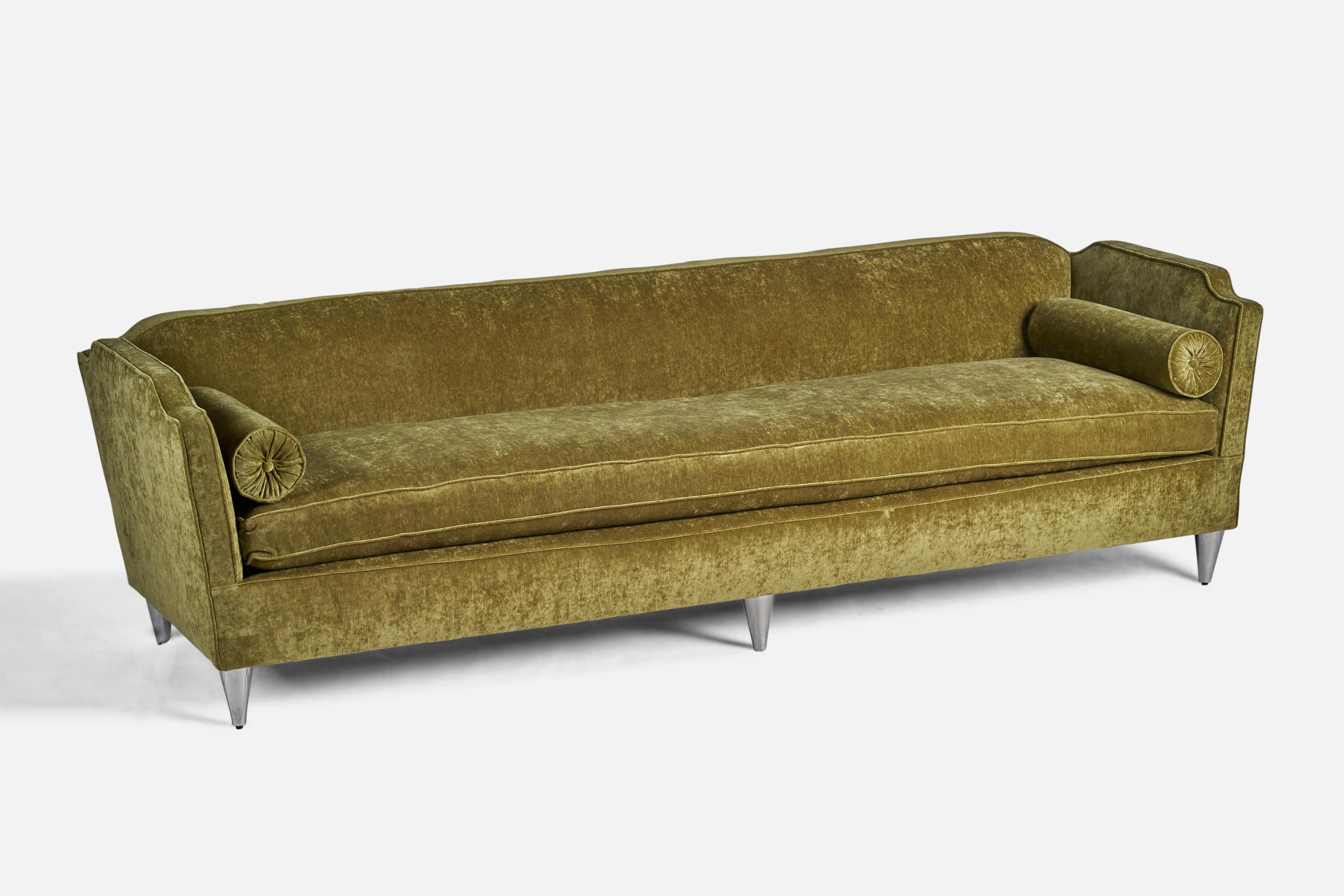 A green velvet fabric and cast aluminium sofa designed and produced in the US, 1950s.

18.5” seat height