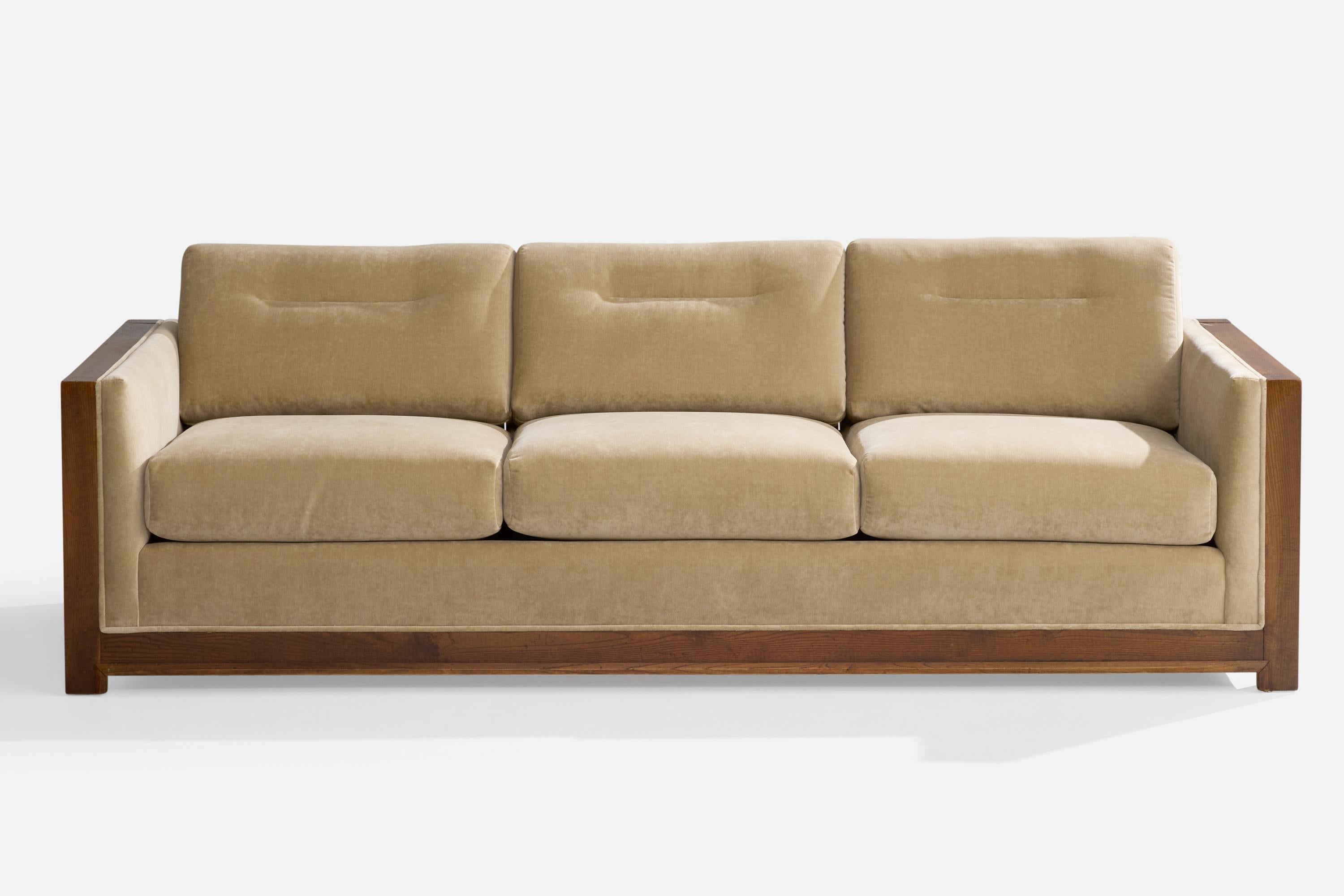Amerikanische Designerin, Sofa, Eiche, Samt, USA, 1950er Jahre (Moderne der Mitte des Jahrhunderts) im Angebot
