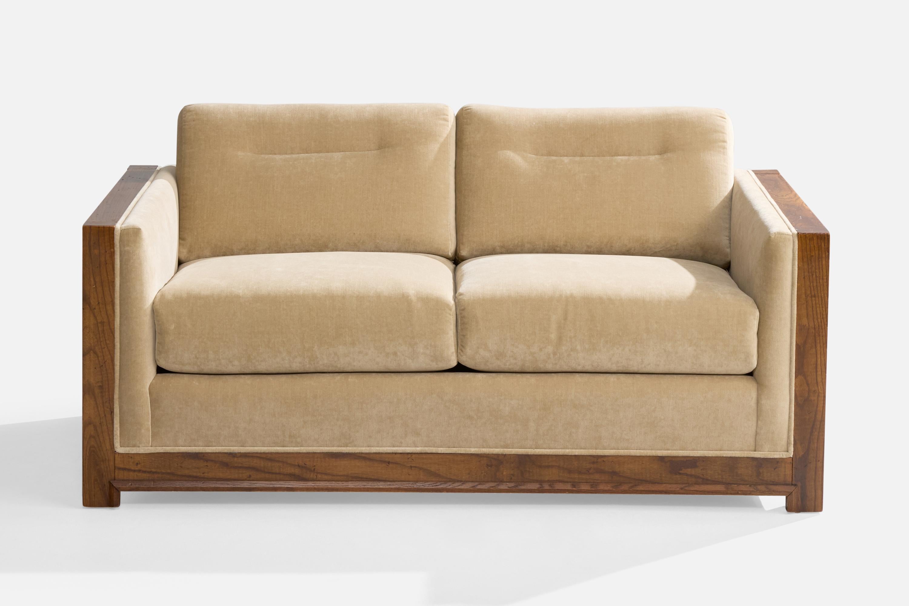 Mid-Century Modern American Designer, Sofa, Oak, Velvet, USA, 1950s For Sale