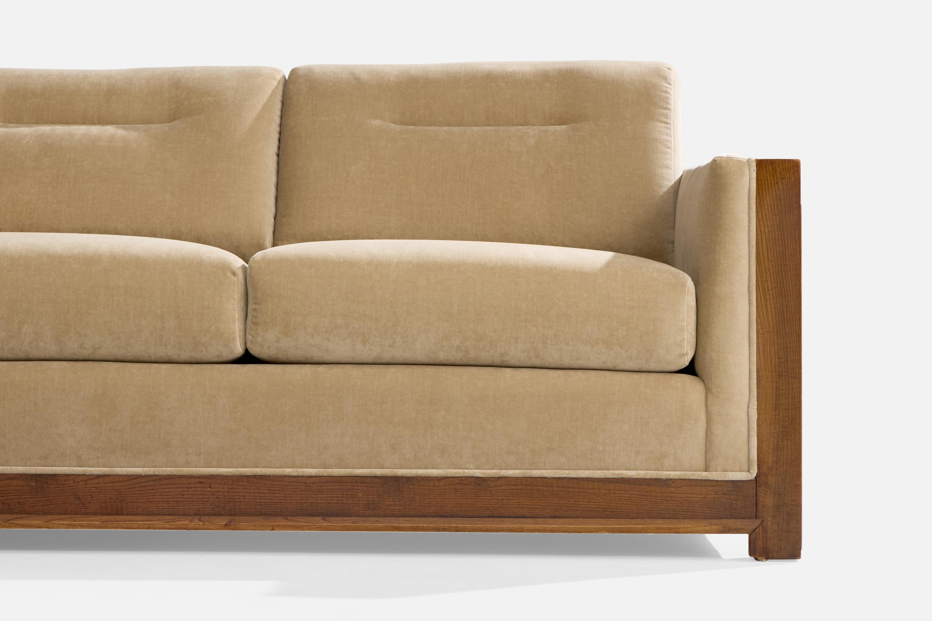 Amerikanische Designerin, Sofa, Eiche, Samt, USA, 1950er Jahre im Angebot 3