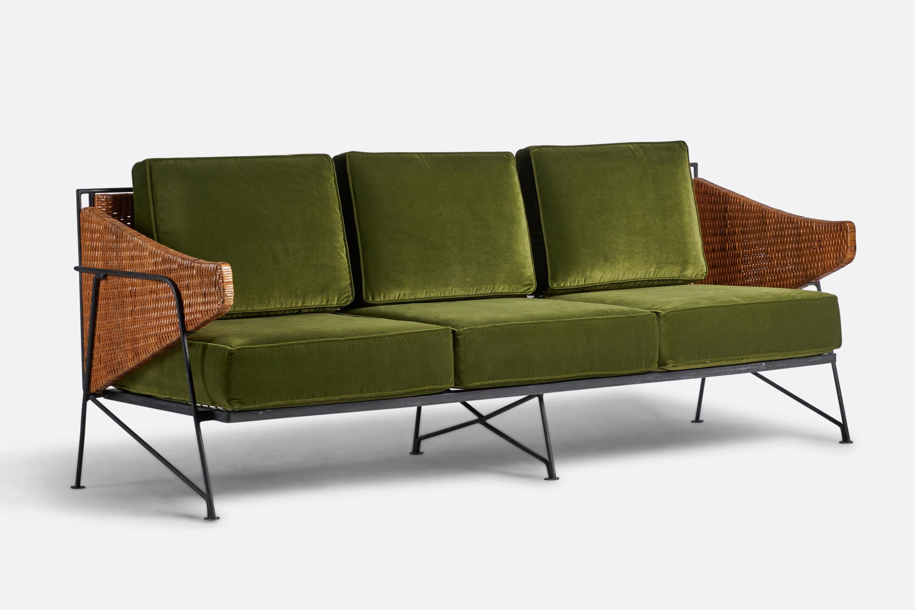 Mid-Century Modern American Designer, Sofa, Rattan, Iron, Velvet, USA, 1950s For Sale