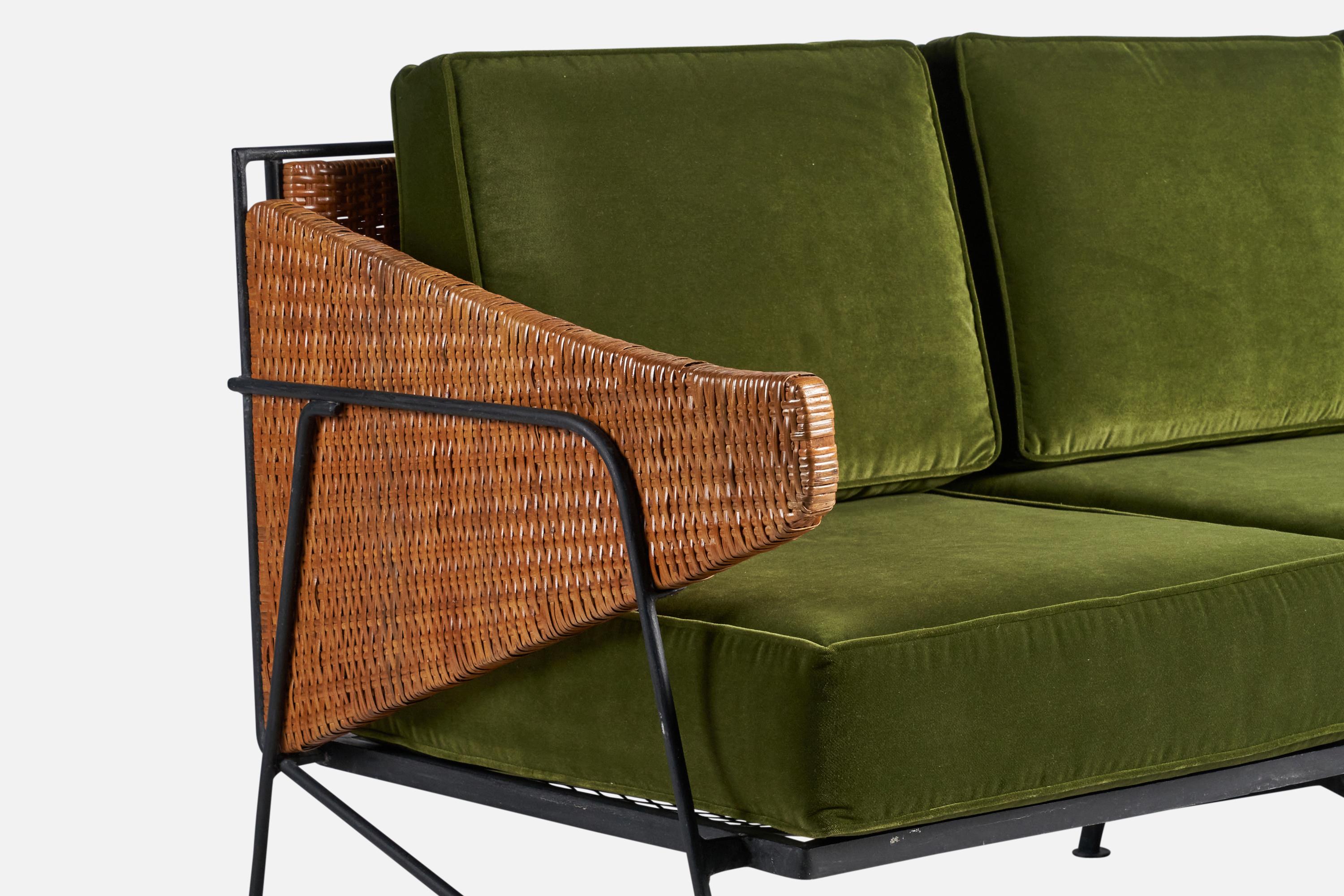 Mid-20th Century American Designer, Sofa, Rattan, Iron, Velvet, USA, 1950s For Sale