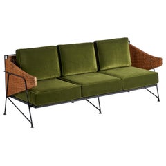American Designer, Sofa, Rattan, Iron, Velvet, USA, 1950s