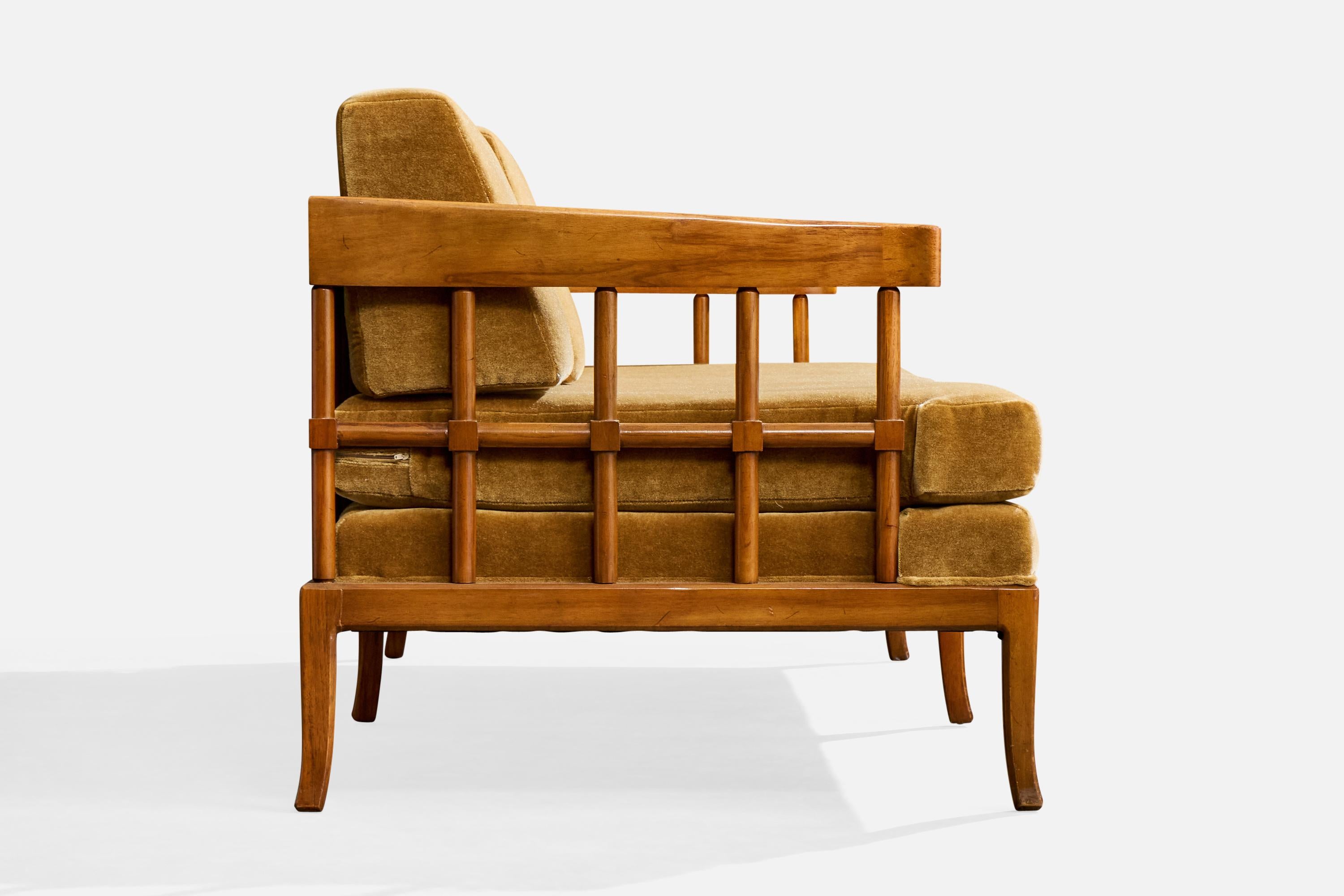 Amerikanischer Designer, Sofa, Nussbaum, Samt, USA, 1950er Jahre (Mitte des 20. Jahrhunderts)