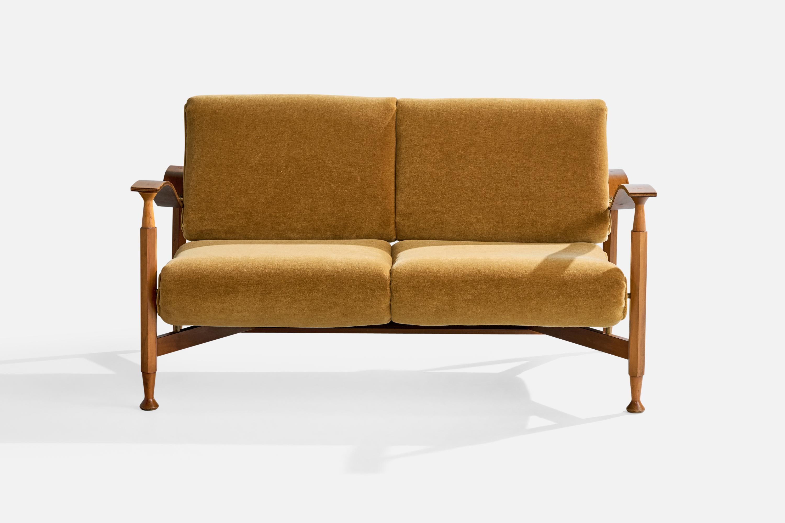 Metà XX secolo American Designer, Divano, Wood, Ottone, Velluto, USA, anni '50 in vendita
