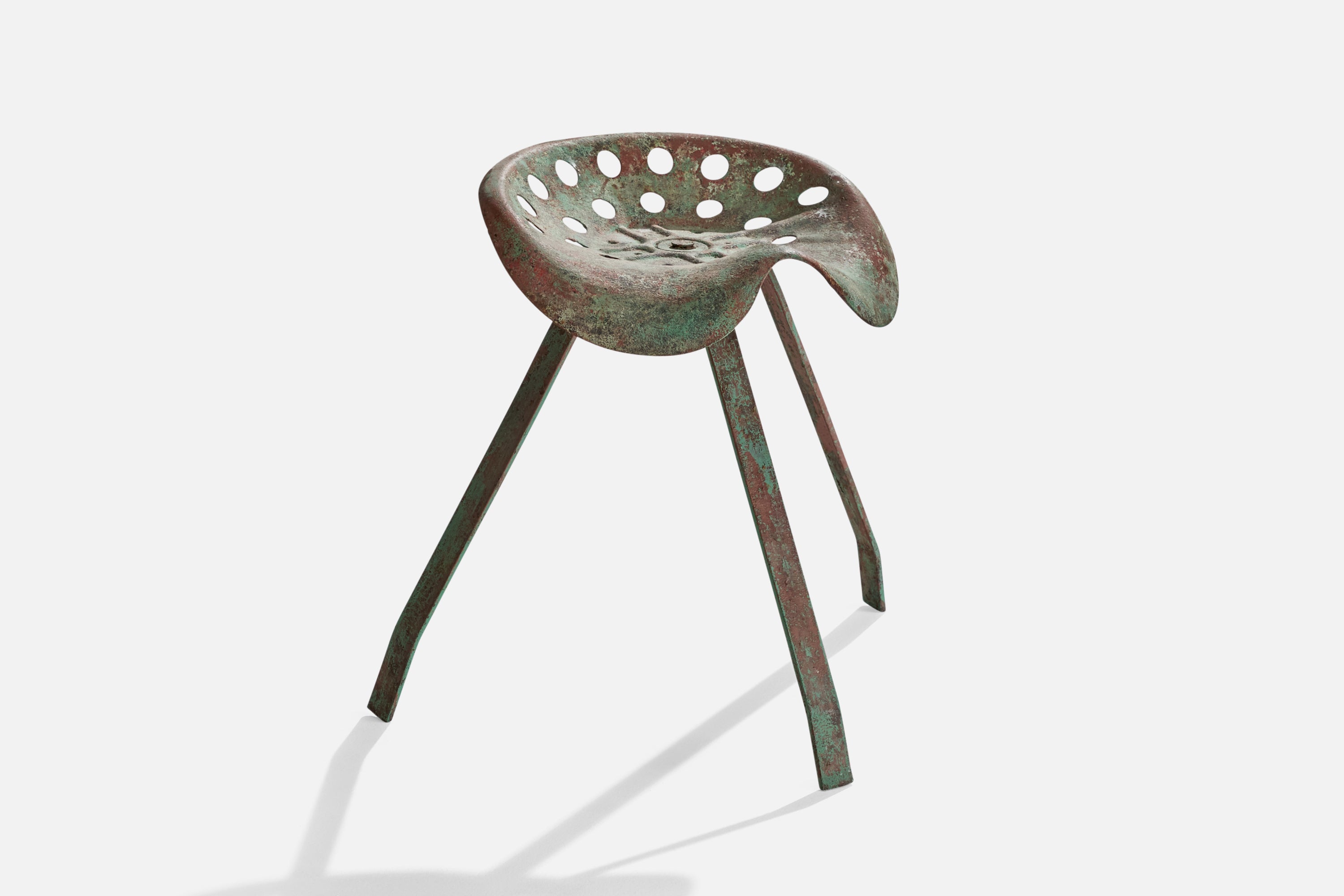 A green-painted metal industrial stool designed and produced in the US, 1930s.

Seat height 17” 
