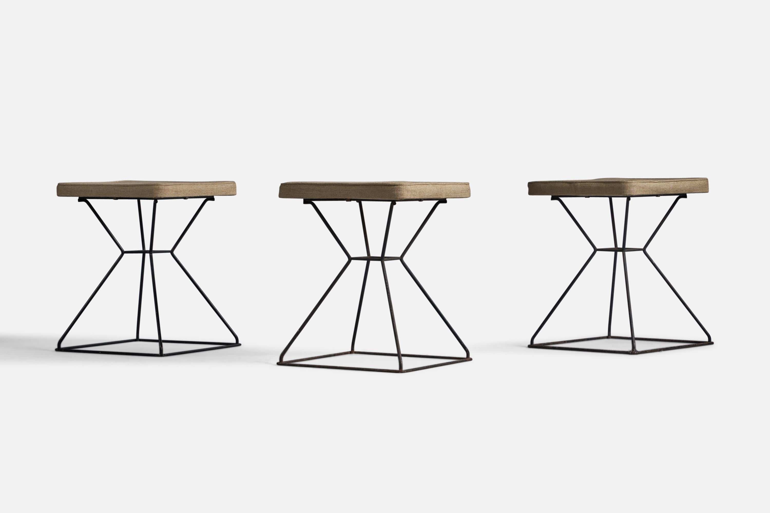 Mid-Century Modern American Designer, Stools, Iron, Fabric, USA, 1950s For Sale