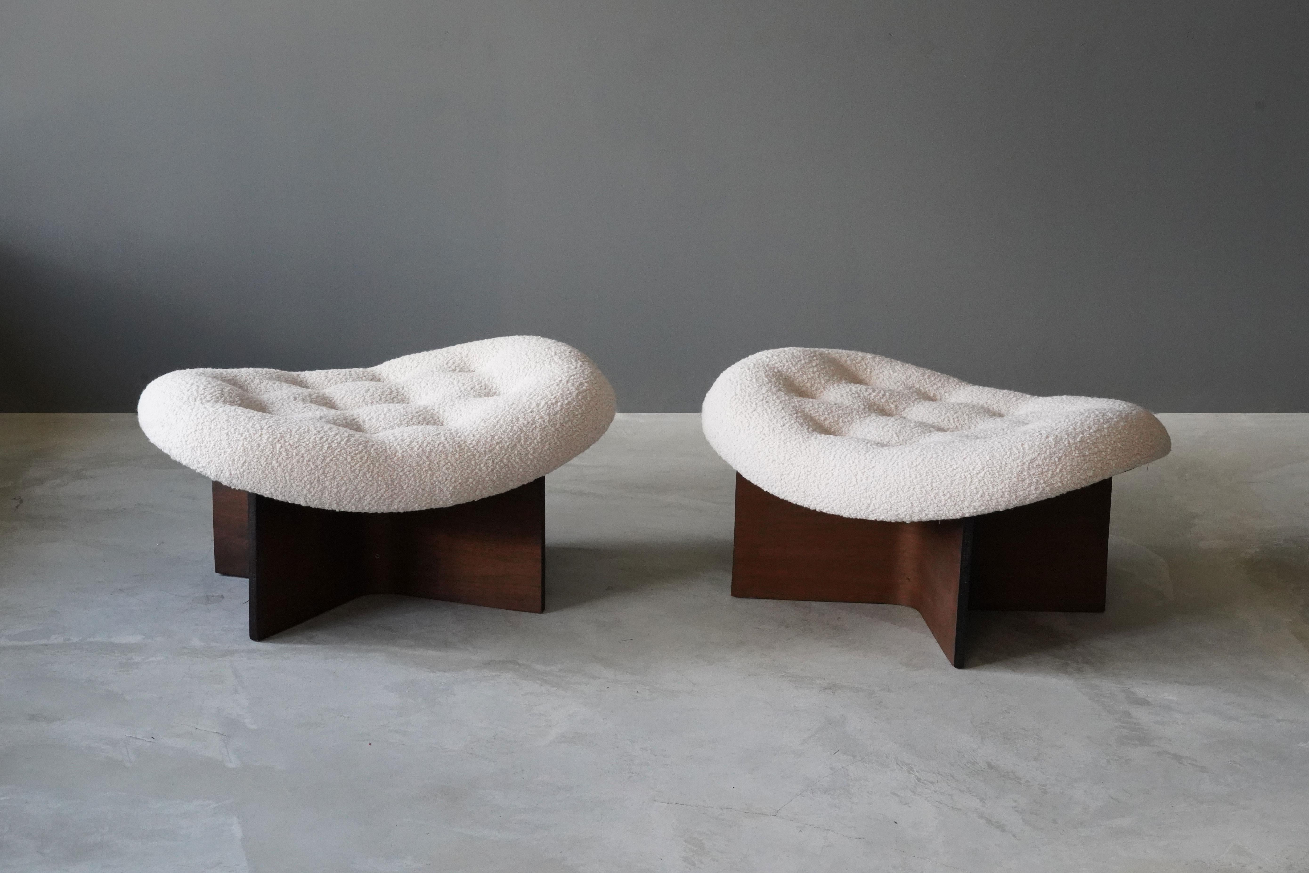 A pair of stools or ottomans, walnut, white bouclé, USA, 1960s. Reupholstered in brand new high-end fabric.

Other designers of the period include Paul Frankl, T.H. Robsjohn-Gibbings, Jean Royere, Vladimir Kagan, and George Nakashima.