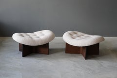 American Designer, Stools, Ottomans, Walnut, White Bouclé, USA, 1960s