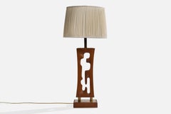 Amerikanischer Designer, Tischlampe, Messing, Teakholz, Stoff, USA, 1950er Jahre