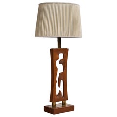 Amerikanischer Designer, Tischlampe, Messing, Teakholz, Stoff, USA, 1950er Jahre