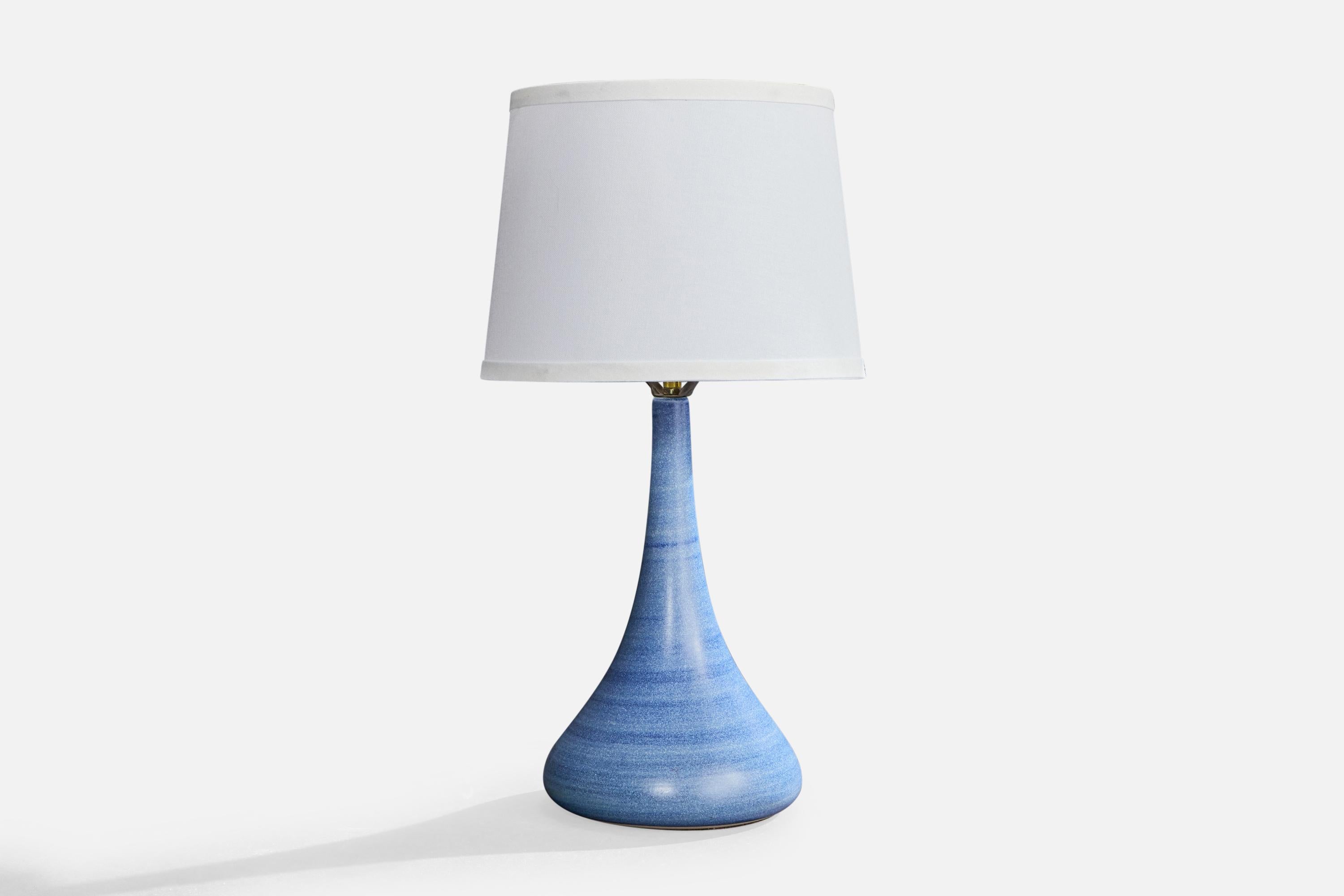 A blue-glazed ceramic table lamp designed and produced in the US, signed and dated 1992.

Dimensions of Lamp with Shade (inches): 23”H x 12”Diameter
Dimensions of Lamp (inches): 16