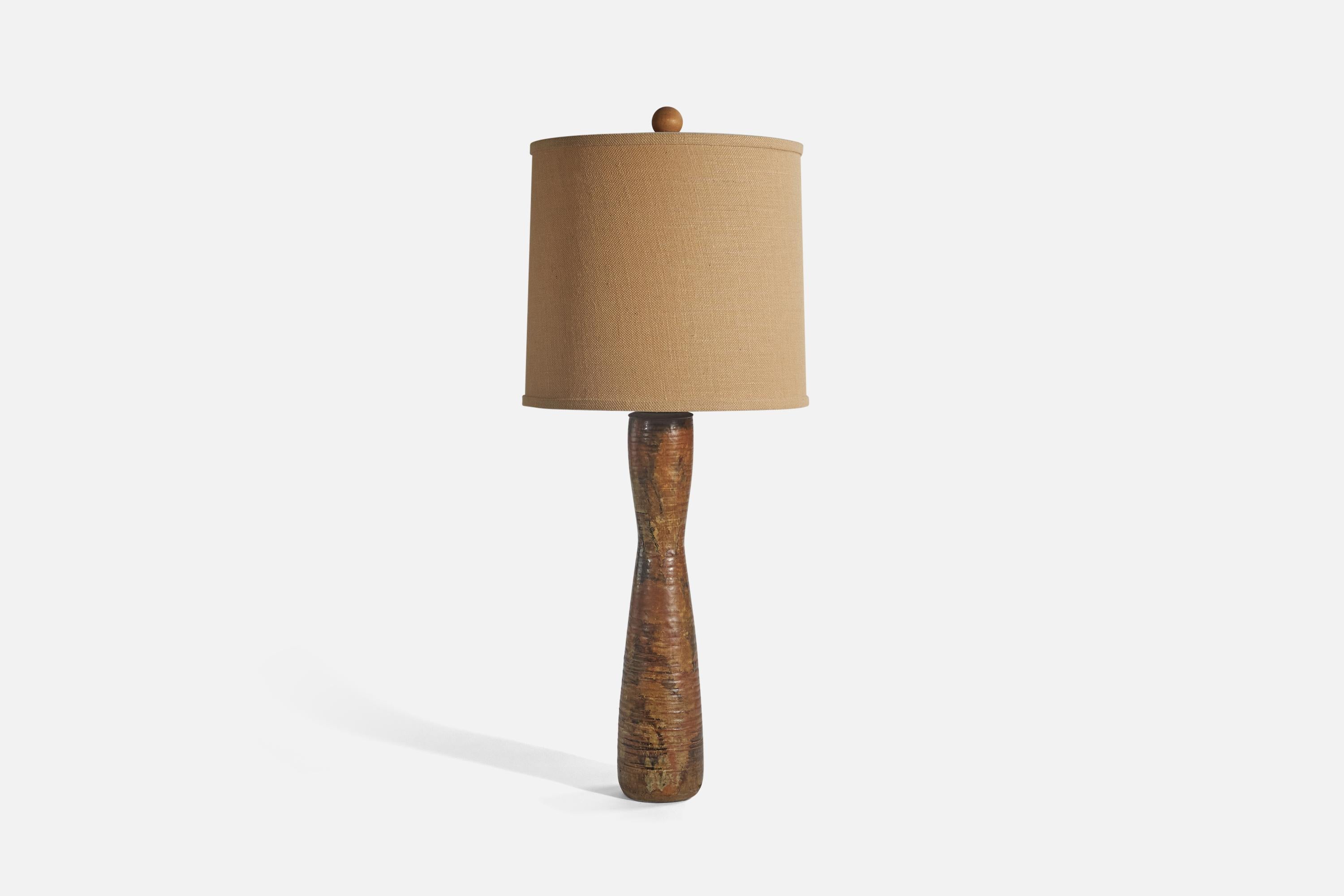 Mid-Century Modern American Designer, Table Lamp, Ceramic, Wood, Fabric, United States, 1950s For Sale