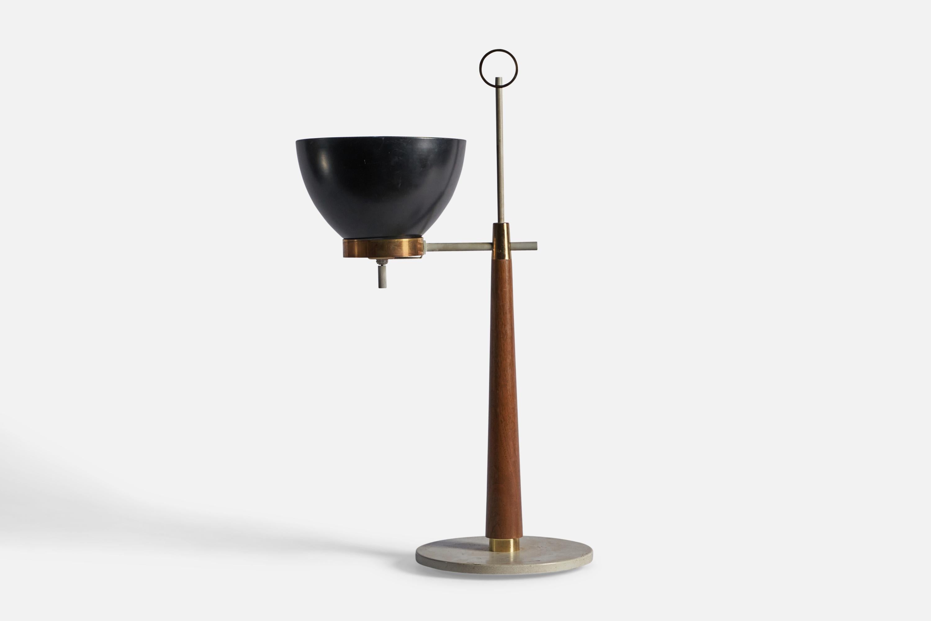 A black and grey-lacquered metal, brass and wood table lamp, designed and produced in the US, 1950s.

Overall Dimensions: 23.25