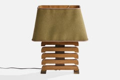 Amerikanischer Designer, Tischlampe, Eiche, Messing, Stoff, USA, 1950er Jahre