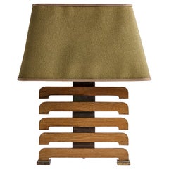 Amerikanischer Designer, Tischlampe, Eiche, Messing, Stoff, USA, 1950er Jahre