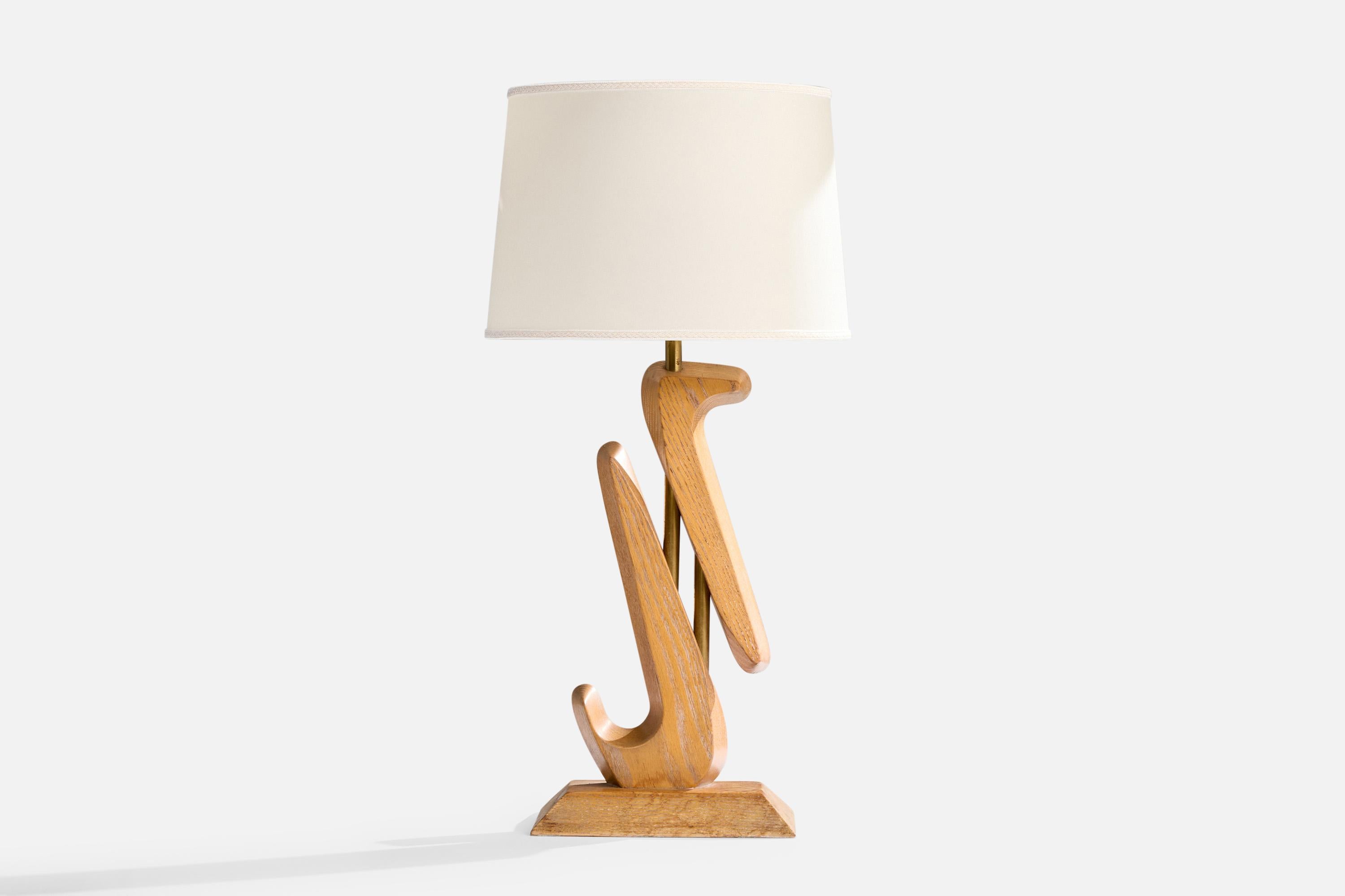 American Designer, Table Lamp, Oak, Brass, Paper, USA, 1950s Moderno de mediados de siglo en venta
