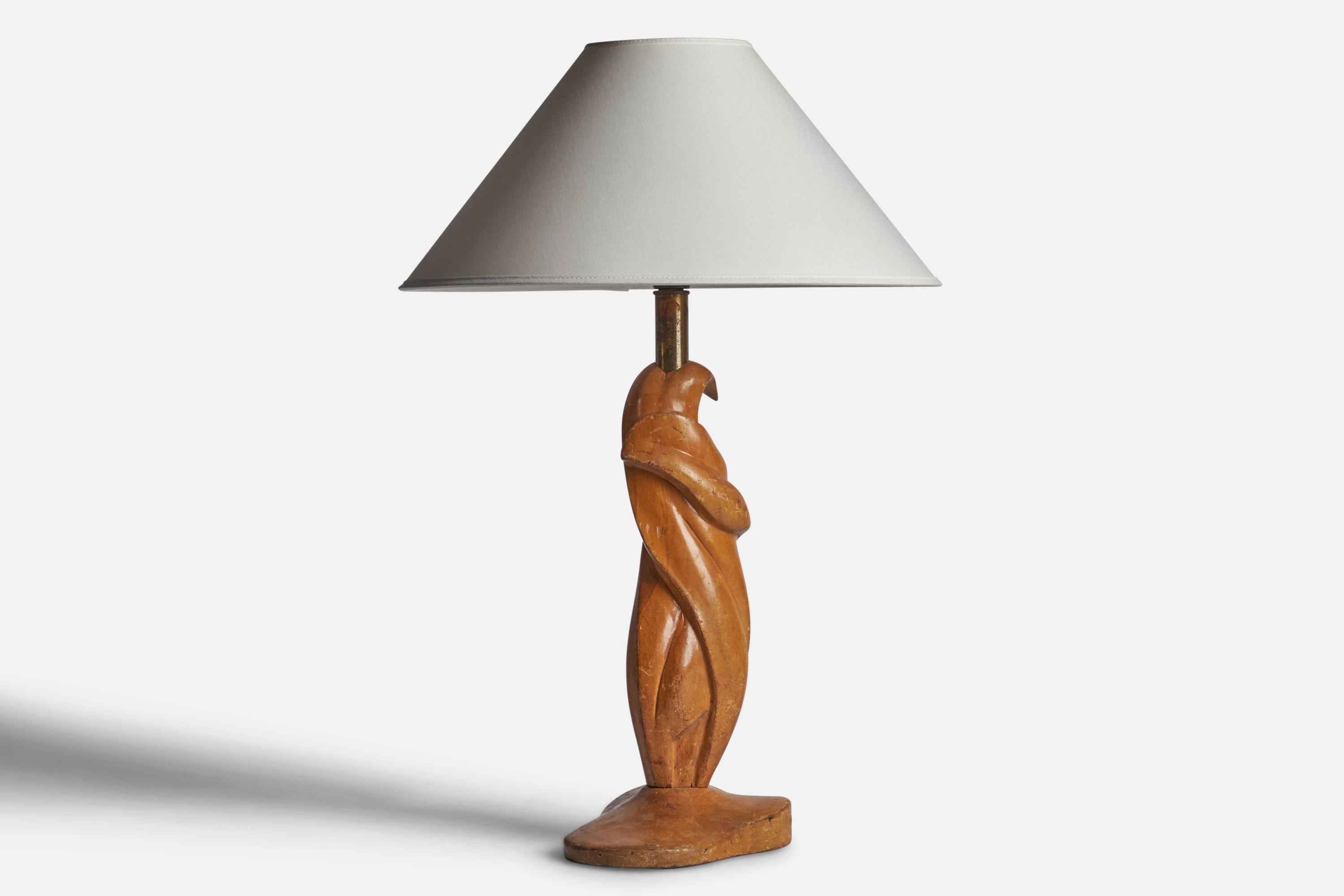 Lampe de table en chêne et en laiton conçue et produite aux États-Unis, années 1950.

Dimensions de la lampe (pouces) : 19.25