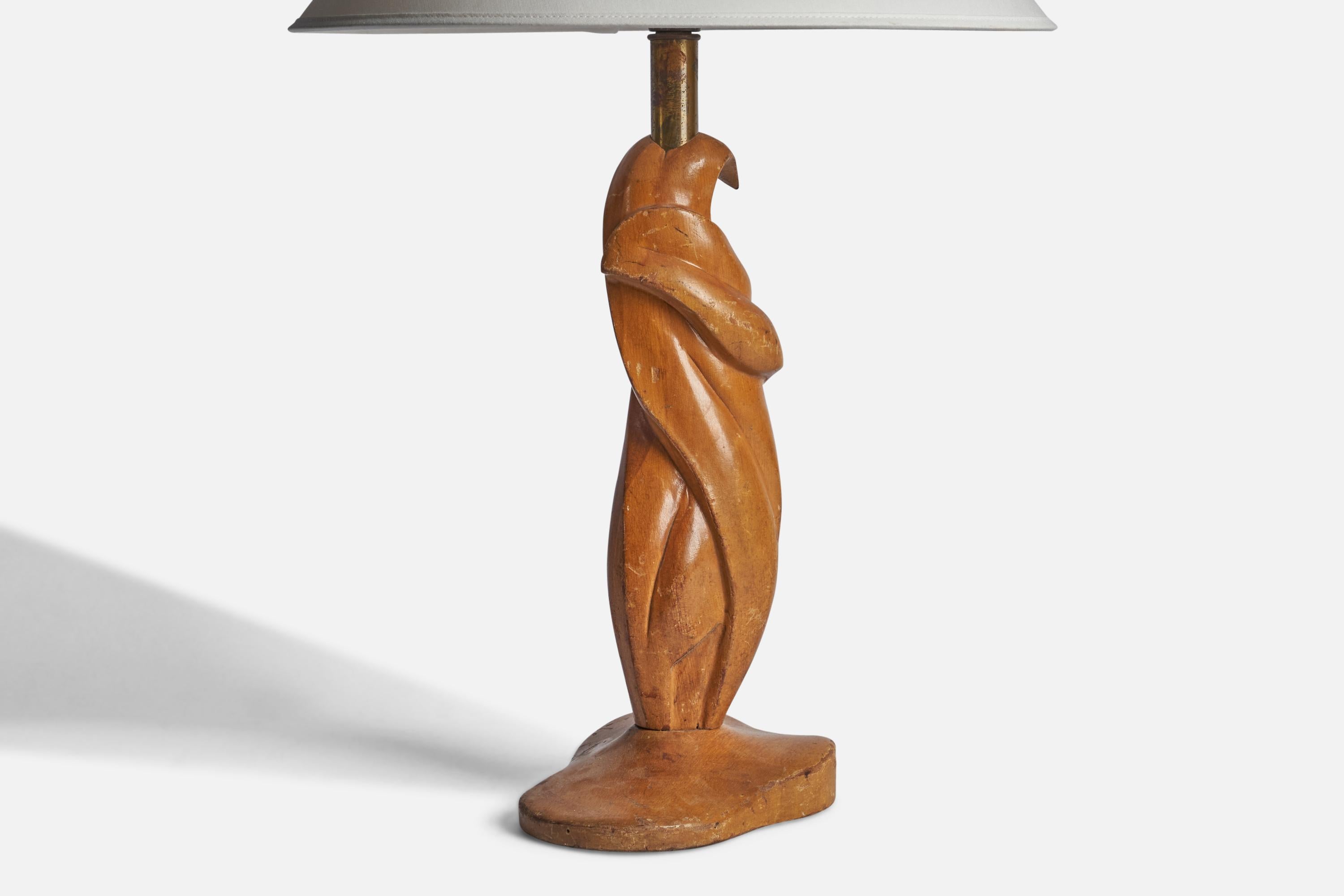 American Designer, Table Lamp, Oak, Brass, USA, 1950s In Good Condition For Sale In High Point, NC