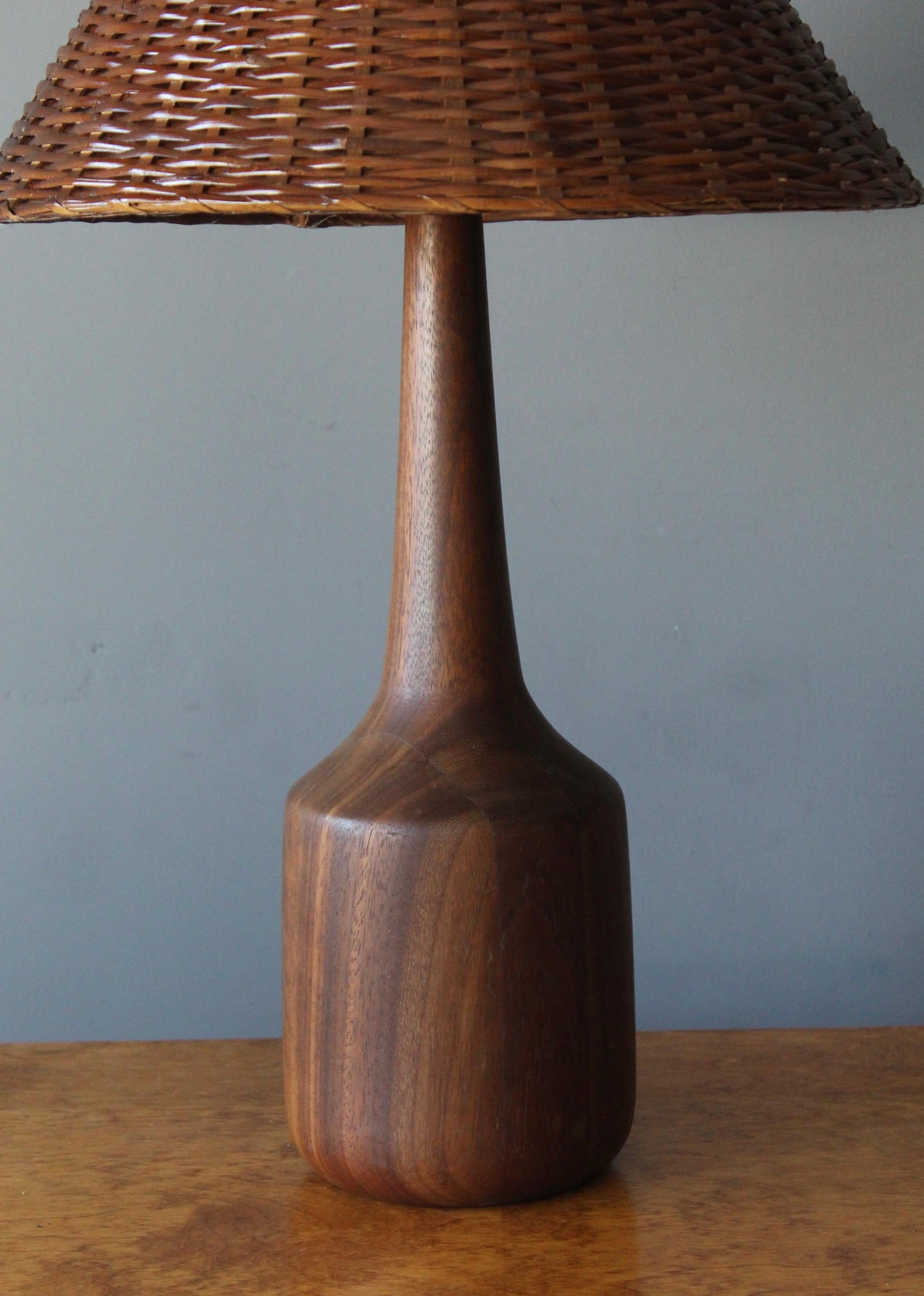 Mid-Century Modern American Designer, Table Lamp, Solid Teak, Rattan, United States, 1960s