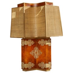 Diseñador americano, lámpara de mesa, madera, rafia, fibra de vidrio, EE.UU., años 50