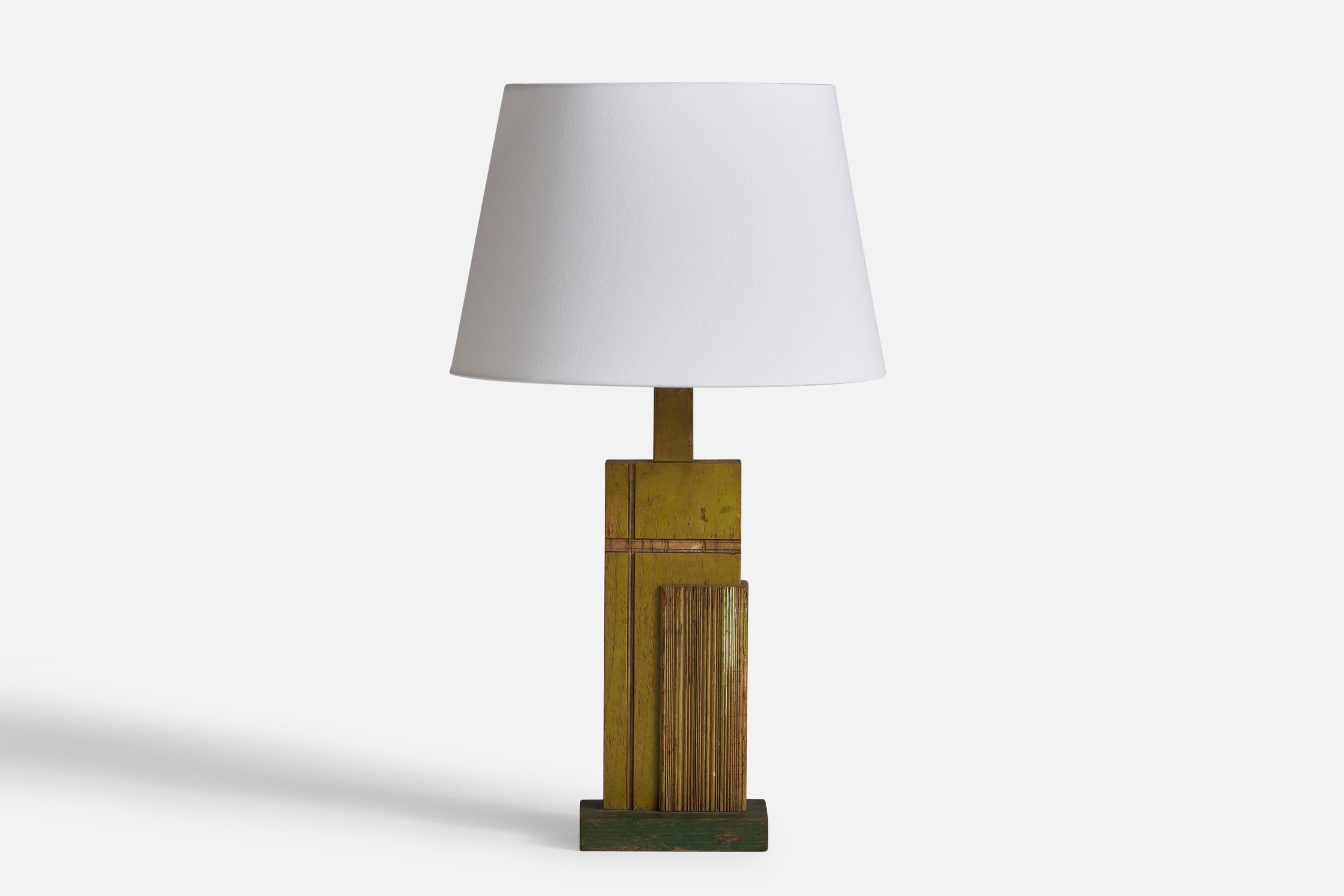 A green and gold-painted wood table lamp designed and produced in the US, c. 1950s.

Dimensions of Lamp (inches): 28” H x 4.1” Diameter
Dimensions of Shade (inches): 12”  Top Diameter x 16” Bottom Diameter x 10.5” H
Dimensions of Lamp with Shade