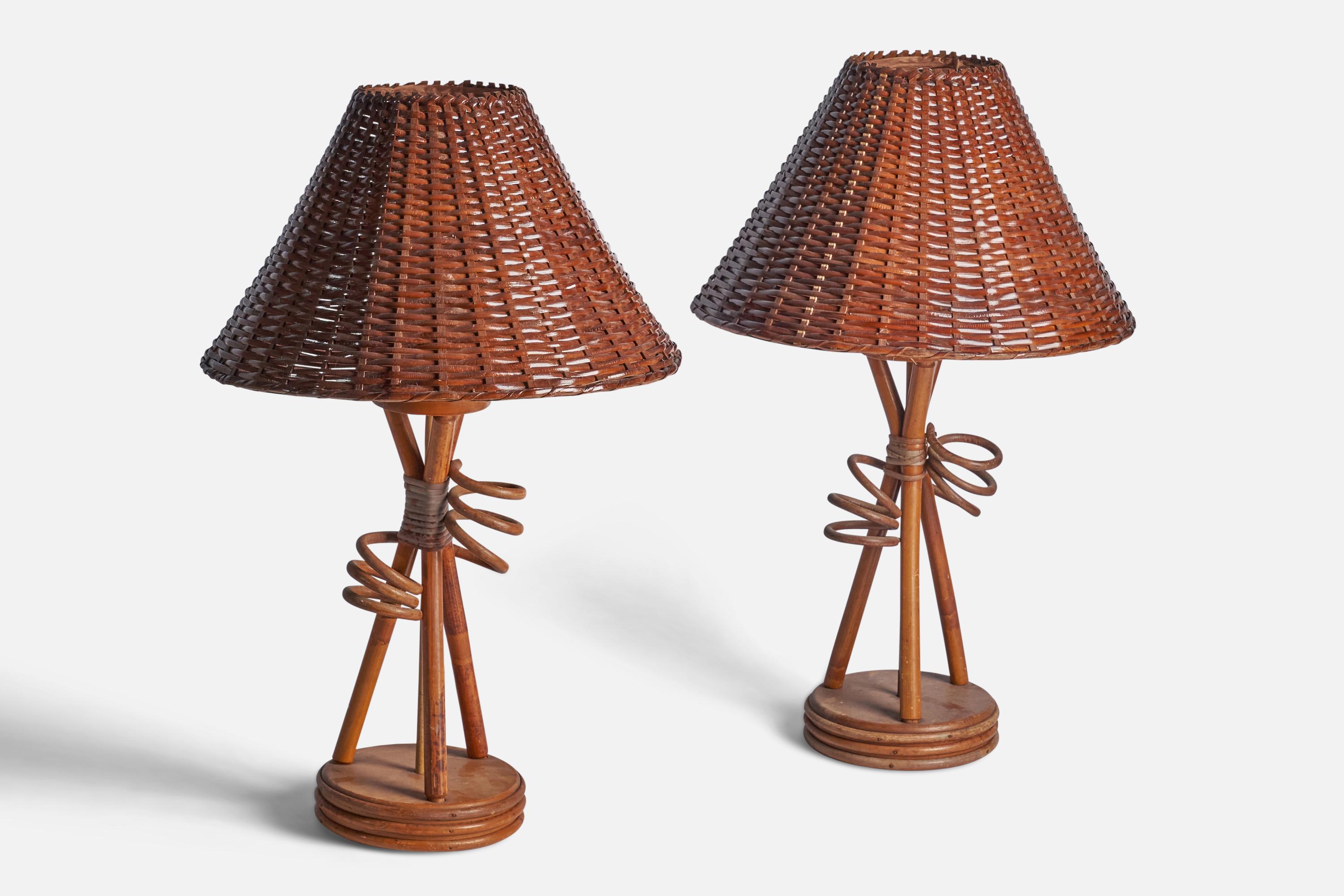 Mid-Century Modern American Designer, Table Lamps, Bamboo, Rattan, USA, 1950s For Sale