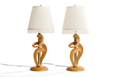 American Designer, Table Lamps, Oak, Brass, Fabric, 1950s