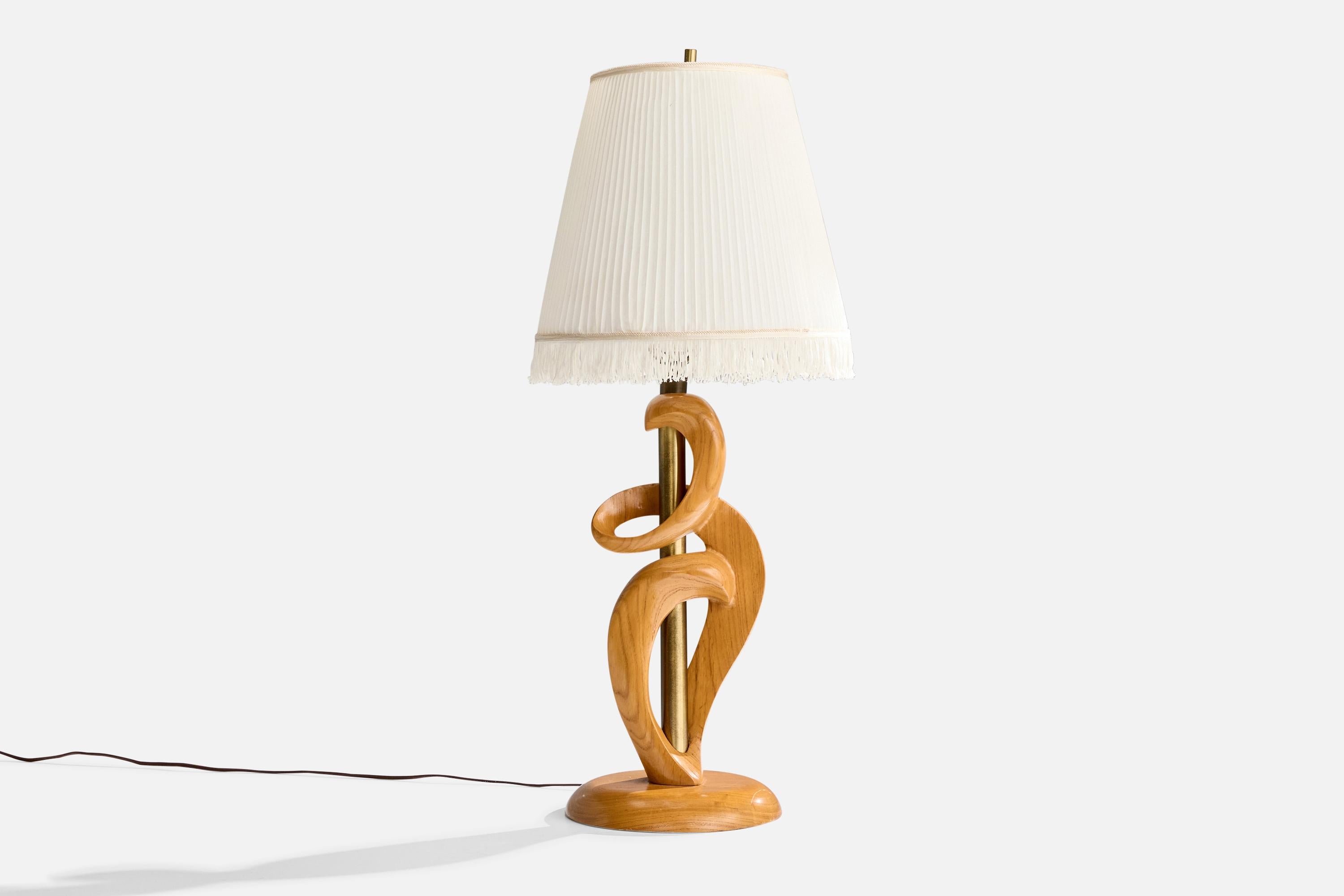 Américain Designer américain, lampes de table, Oak Oak, Brass, Fabric, 1950s en vente