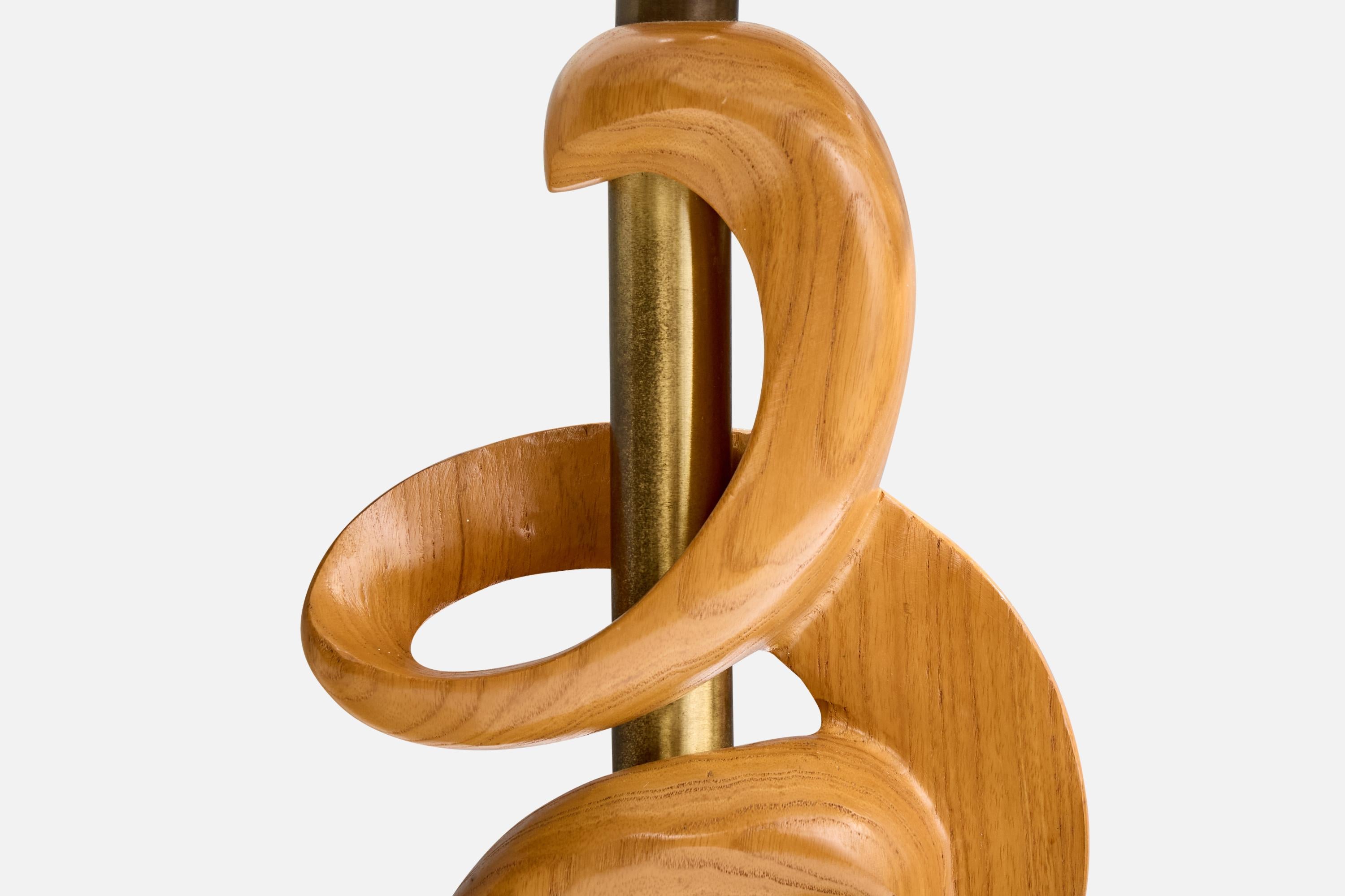 Laiton Designer américain, lampes de table, Oak Oak, Brass, Fabric, 1950s en vente