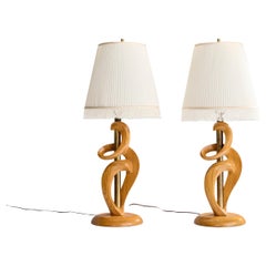 Designer américain, lampes de table, Oak Oak, Brass, Fabric, 1950s