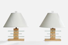 American Designer, Table Lamps, Oak, Glass, Brass, USA, 1950s