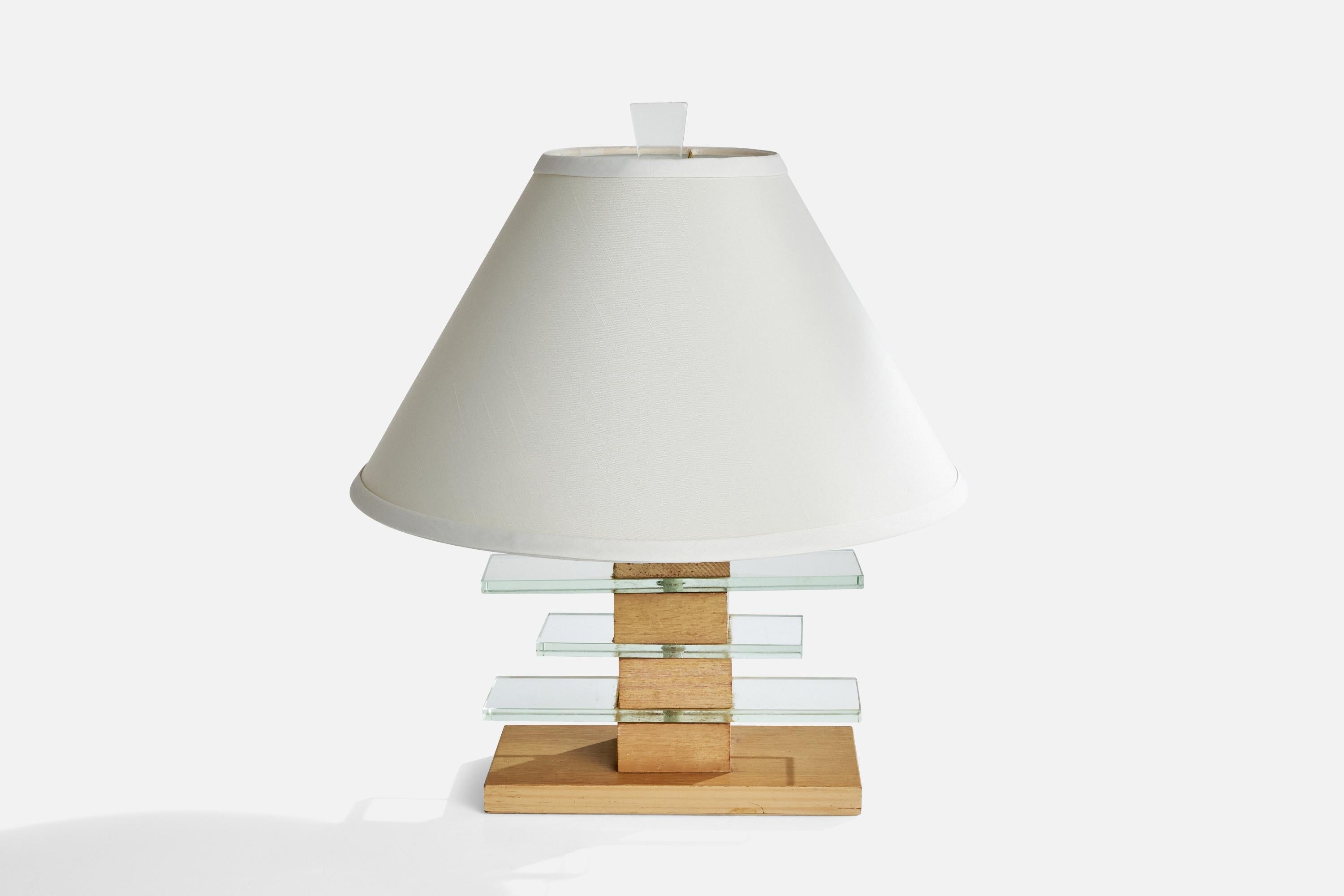 American Designer, Table Lamps, Oak, Glass, Brass, USA, 1950s For Sale 1
